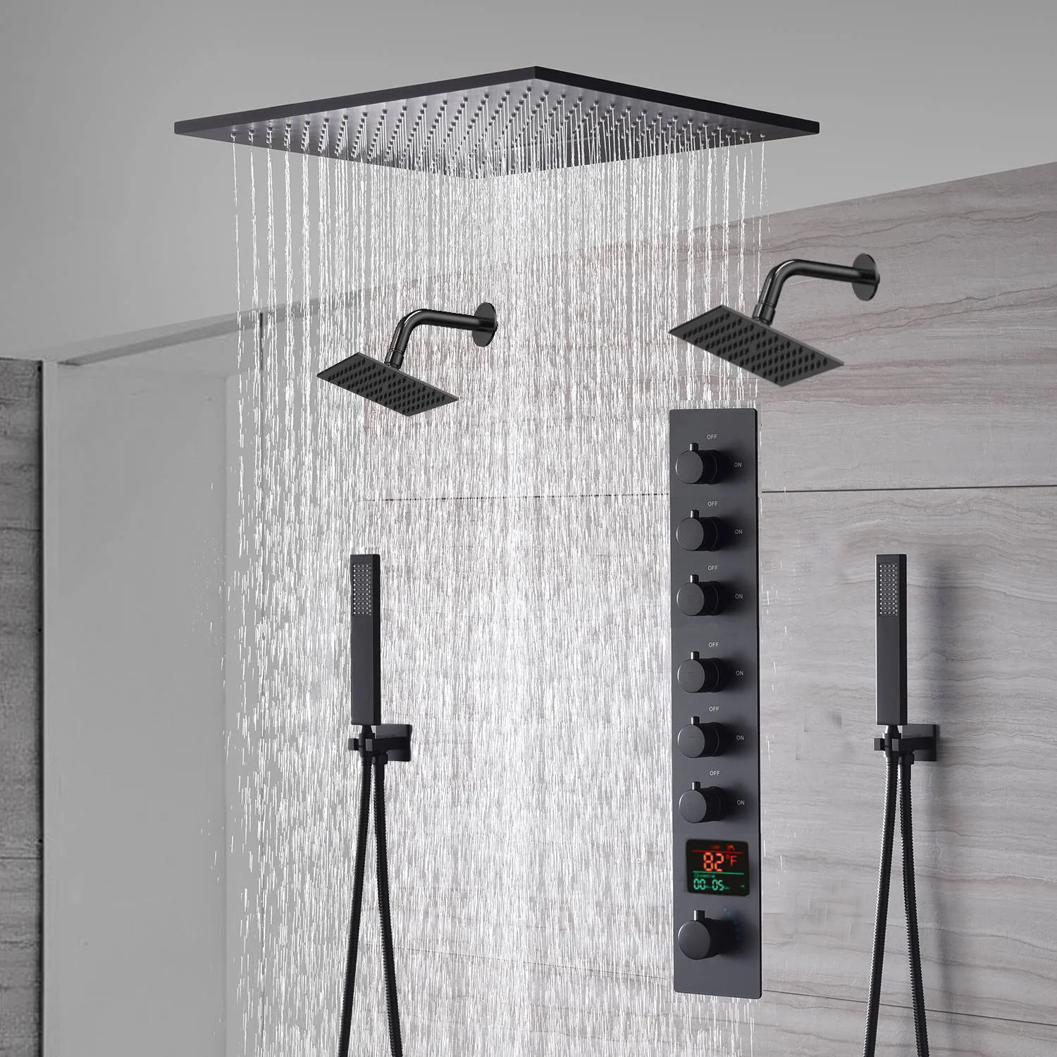 20-Inch or 24-Inch Matte Black Flush or Ceiling Mount Rainfall Waterfall Shower System: Complete with 6-Way Thermostatic Valve and Dual Regular Head - Image 11
