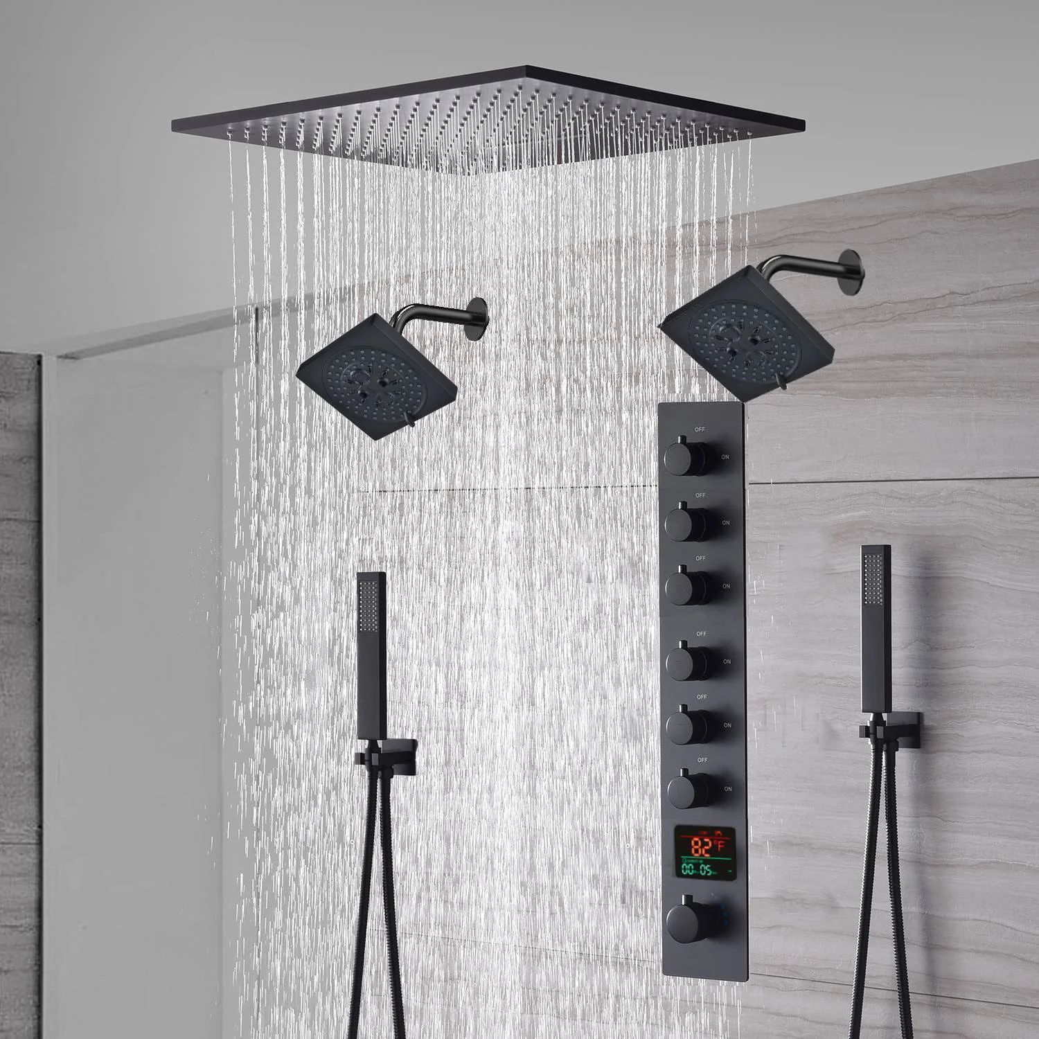 20-Inch or 24-Inch Matte Black Flush or Ceiling Mount Rainfall Waterfall Shower System: Complete with 6-Way Thermostatic Valve and Dual Regular Head - Image 12