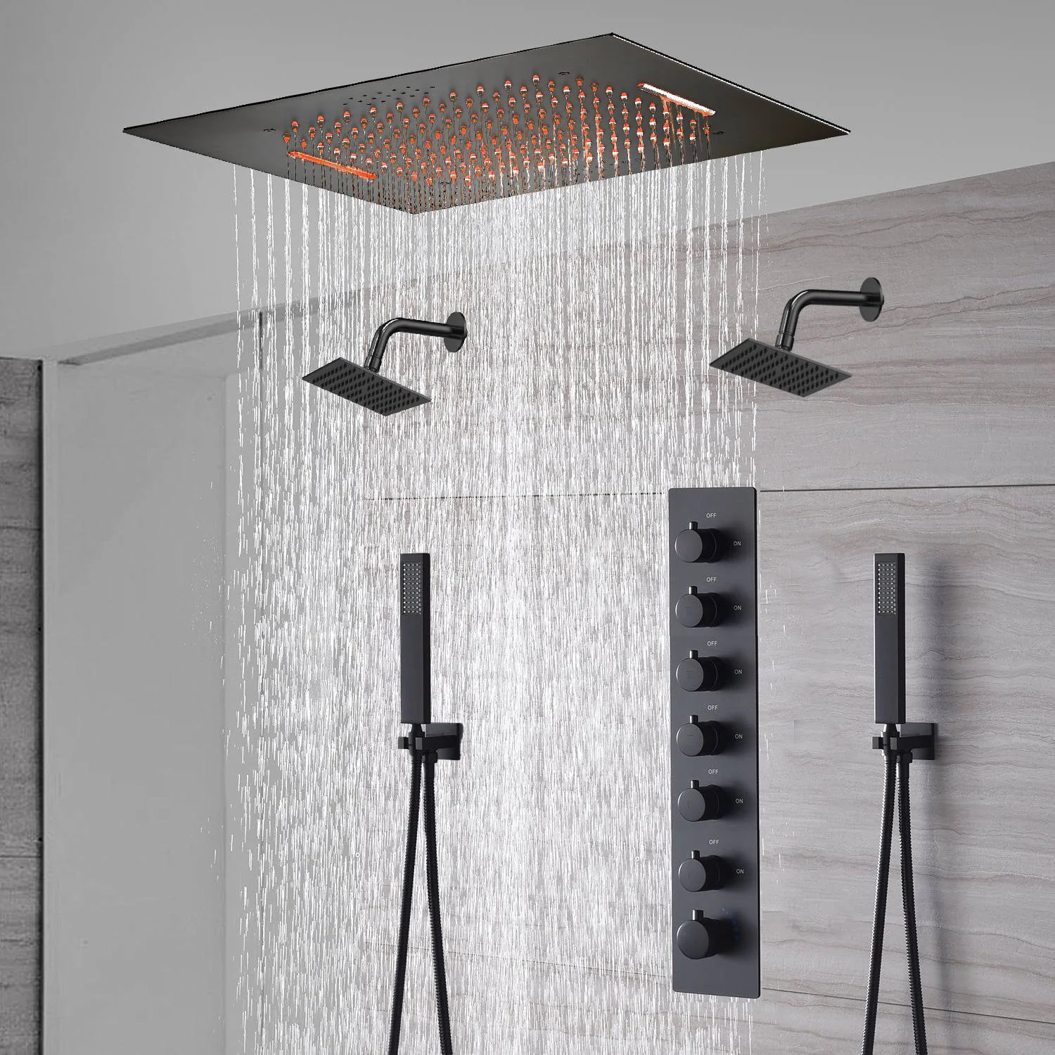 20-Inch or 24-Inch Matte Black Flush or Ceiling Mount Rainfall Waterfall Shower System: Complete with 6-Way Thermostatic Valve and Dual Regular Head - Image 2