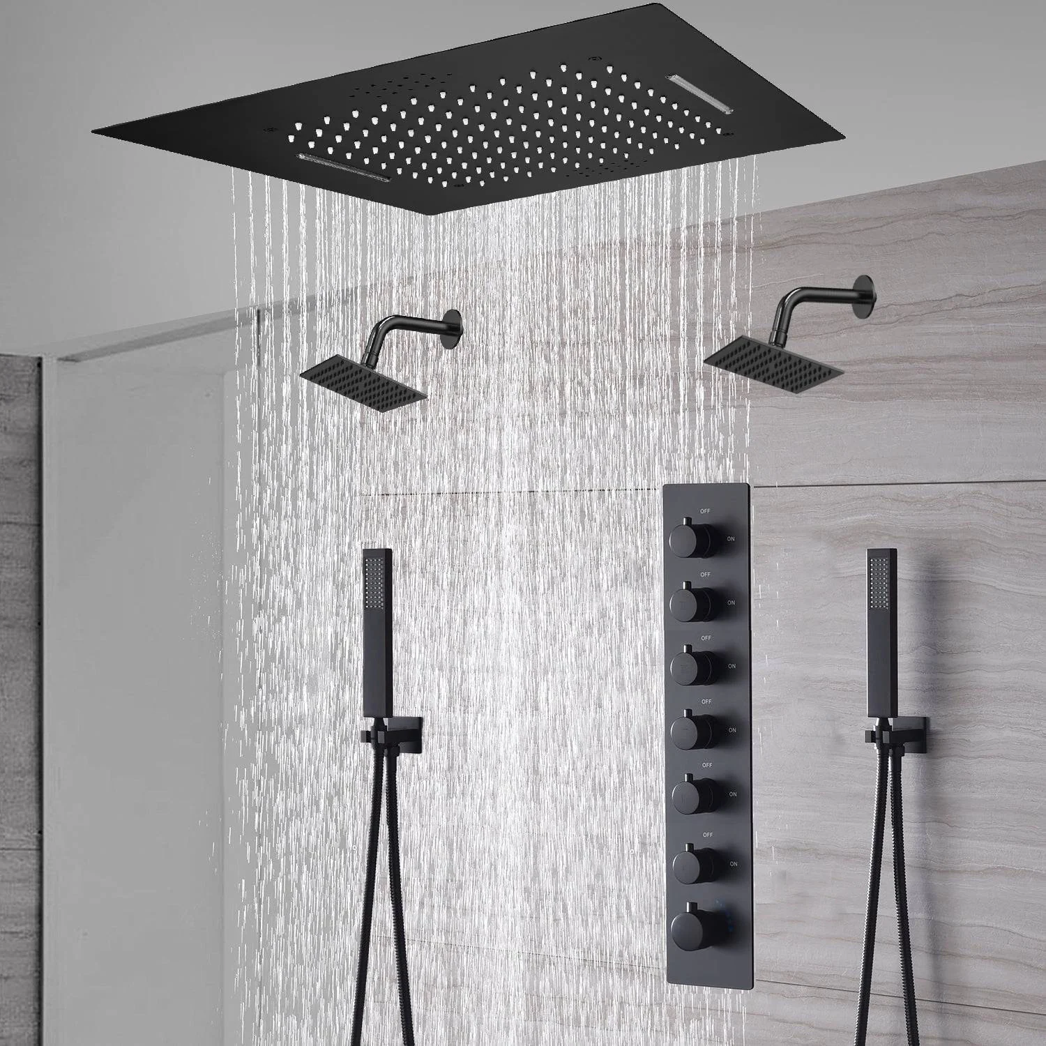 20-Inch or 24-Inch Matte Black Flush or Ceiling Mount Rainfall Waterfall Shower System: Complete with 6-Way Thermostatic Valve and Dual Regular Head - Image 3