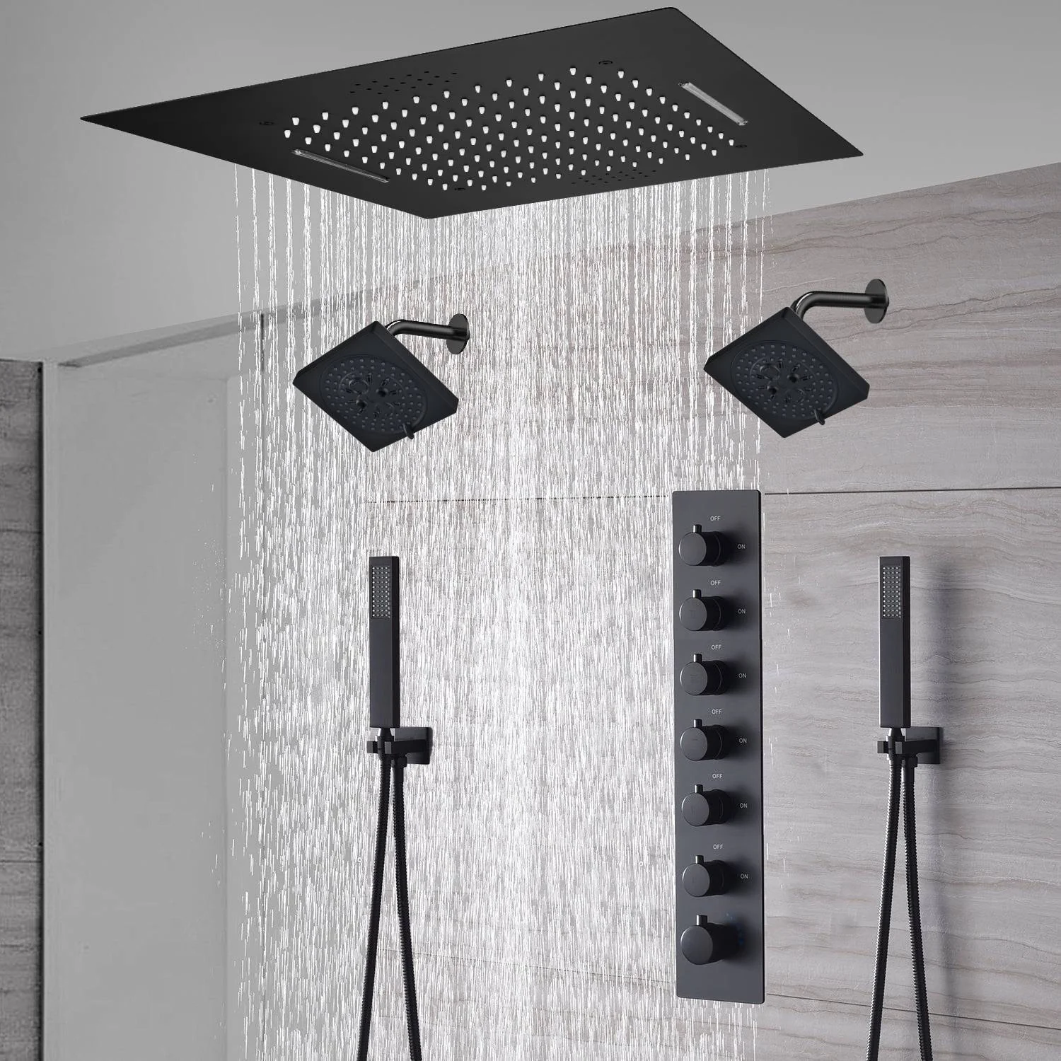 20-Inch or 24-Inch Matte Black Flush or Ceiling Mount Rainfall Waterfall Shower System: Complete with 6-Way Thermostatic Valve and Dual Regular Head - Image 4