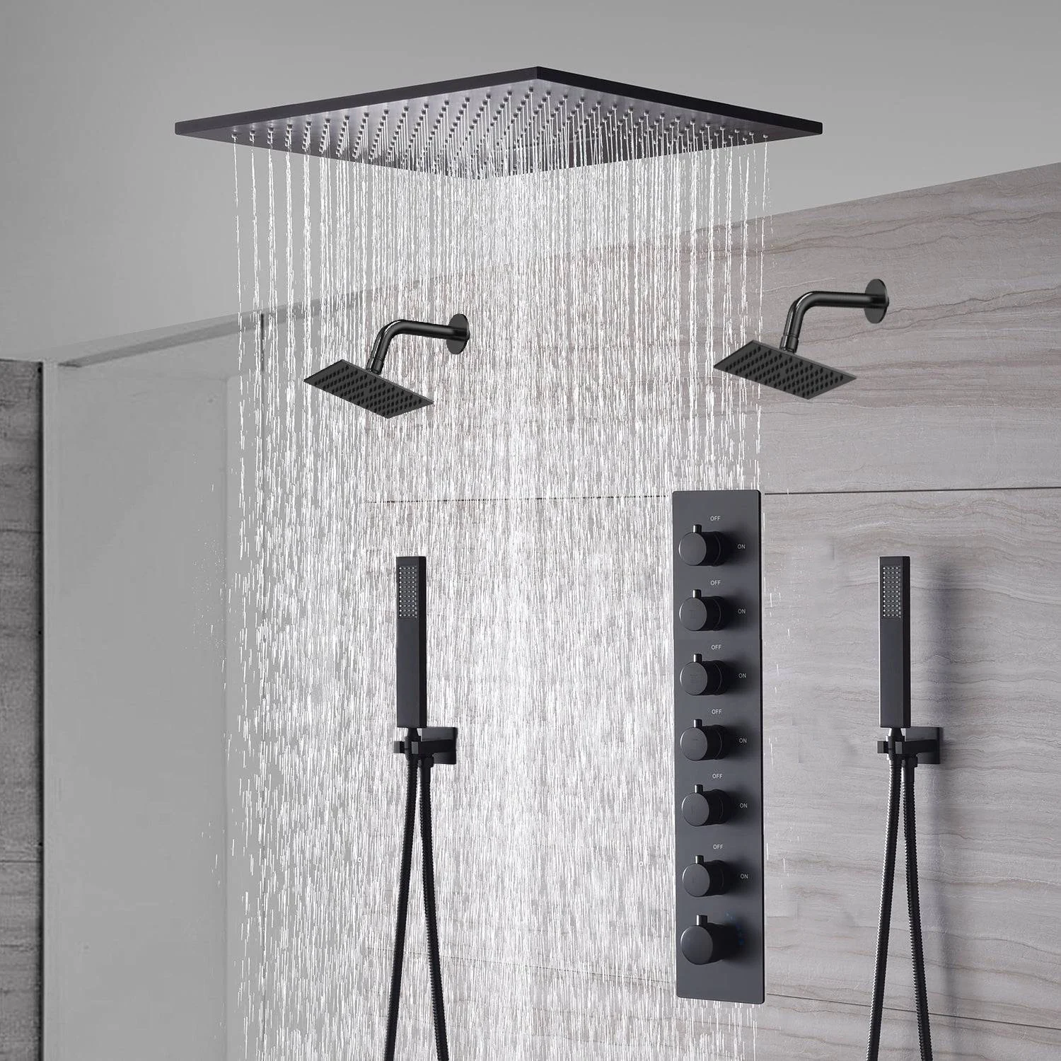 20-Inch or 24-Inch Matte Black Flush or Ceiling Mount Rainfall Waterfall Shower System: Complete with 6-Way Thermostatic Valve and Dual Regular Head - Image 5