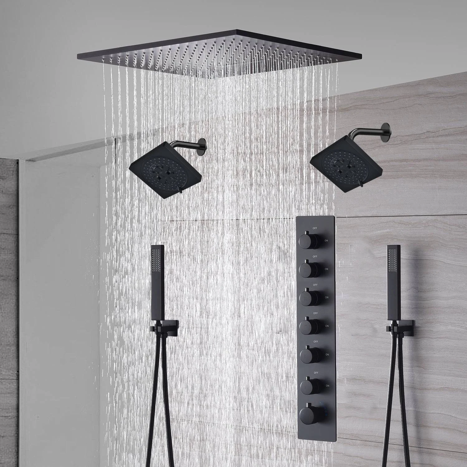 20-Inch or 24-Inch Matte Black Flush or Ceiling Mount Rainfall Waterfall Shower System: Complete with 6-Way Thermostatic Valve and Dual Regular Head - Image 6
