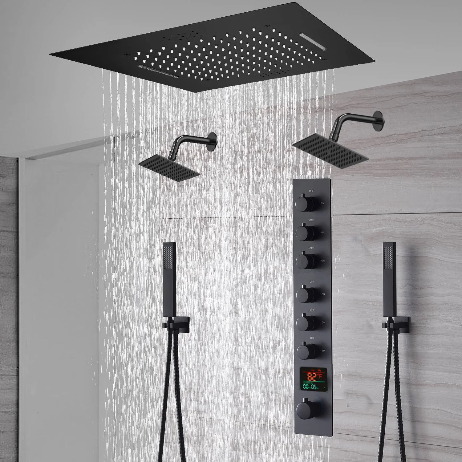 20-Inch or 24-Inch Matte Black Flush or Ceiling Mount Rainfall Waterfall Shower System: Complete with 6-Way Thermostatic Valve and Dual Regular Head - Image 7