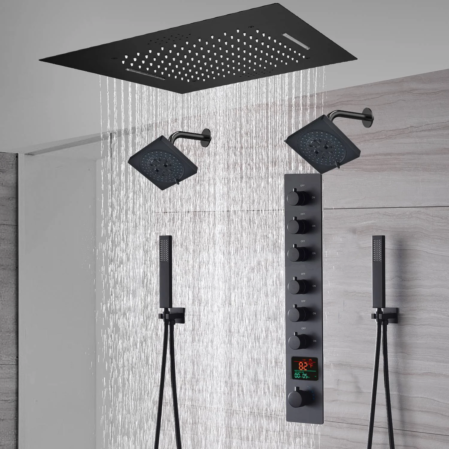 20-Inch or 24-Inch Matte Black Flush or Ceiling Mount Rainfall Waterfall Shower System: Complete with 6-Way Thermostatic Valve and Dual Regular Head - Image 8