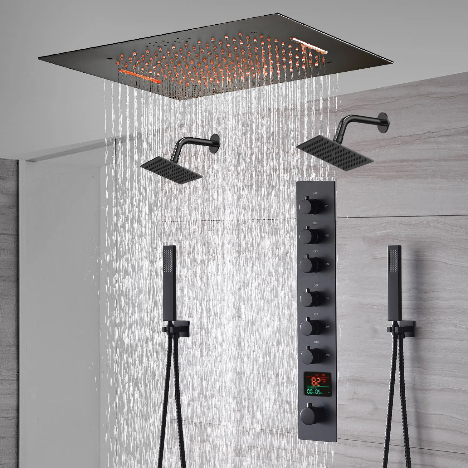 20-Inch or 24-Inch Matte Black Flush or Ceiling Mount Rainfall Waterfall Shower System: Complete with 6-Way Thermostatic Valve and Dual Regular Head - Image 9
