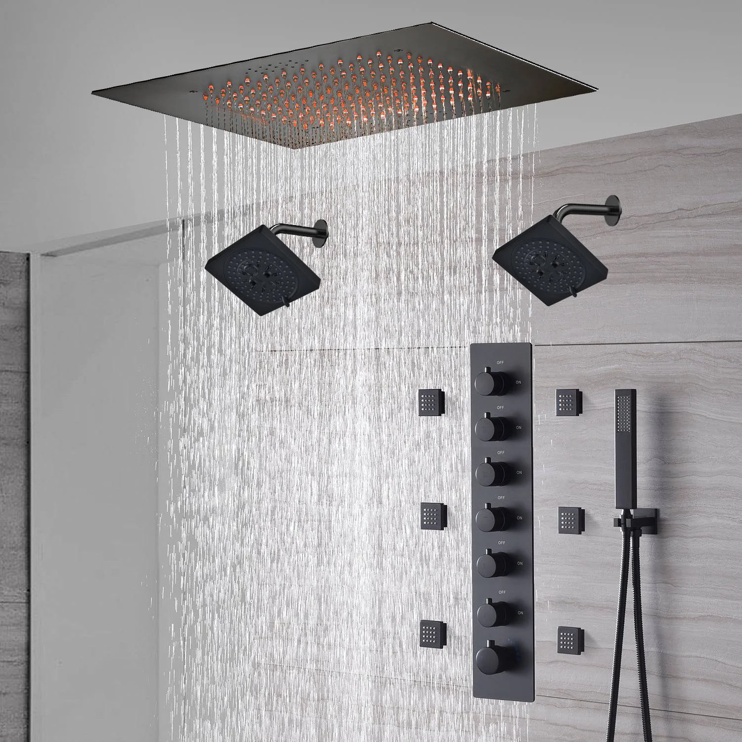 20-Inch or 24-Inch Matte Black Flush Mount Rainfall Shower System: Complete with 6-Way Thermostatic Valve and 6 Body Jets and Dual Regular Heads - Image 2