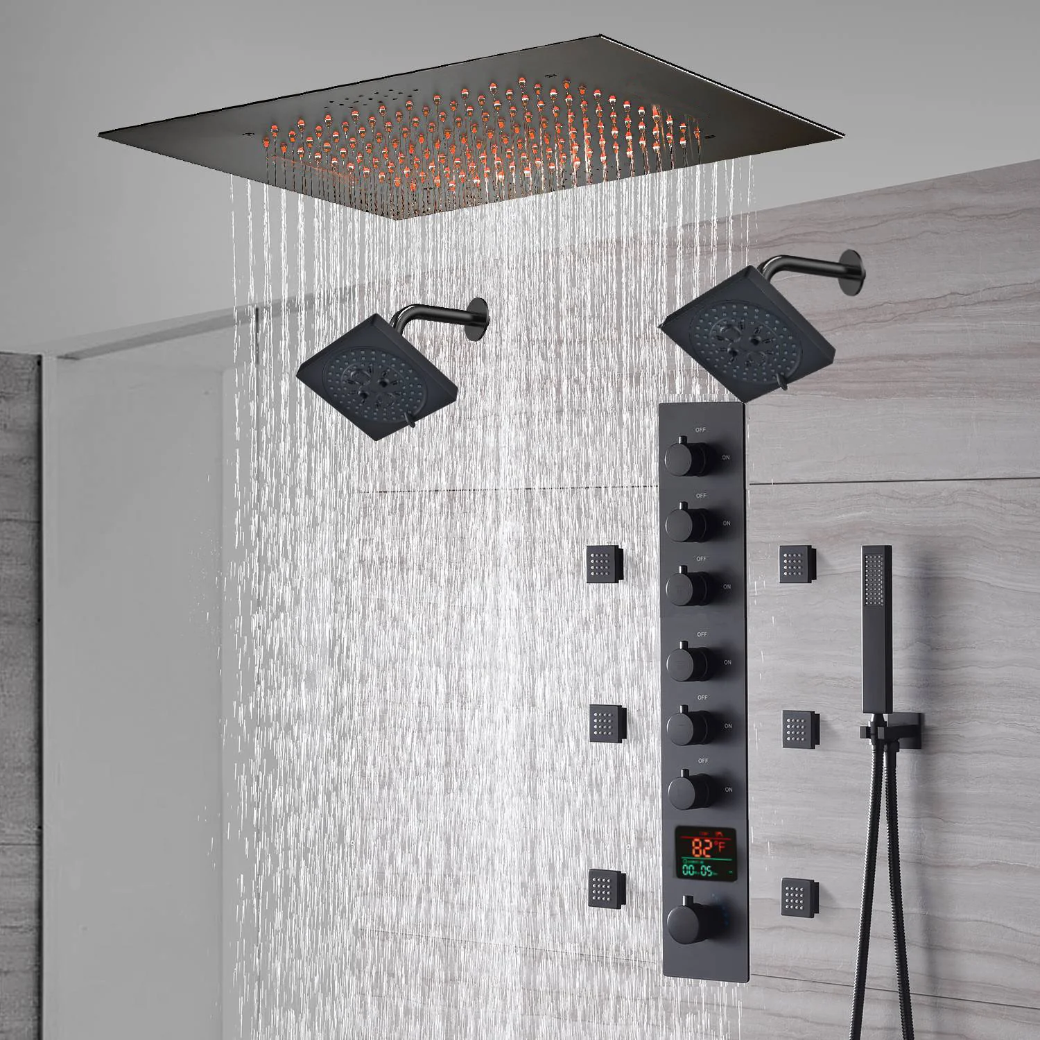 20-Inch or 24-Inch Matte Black Flush Mount Rainfall Shower System: Complete with 6-Way Thermostatic Valve and 6 Body Jets and Dual Regular Heads - Image 4