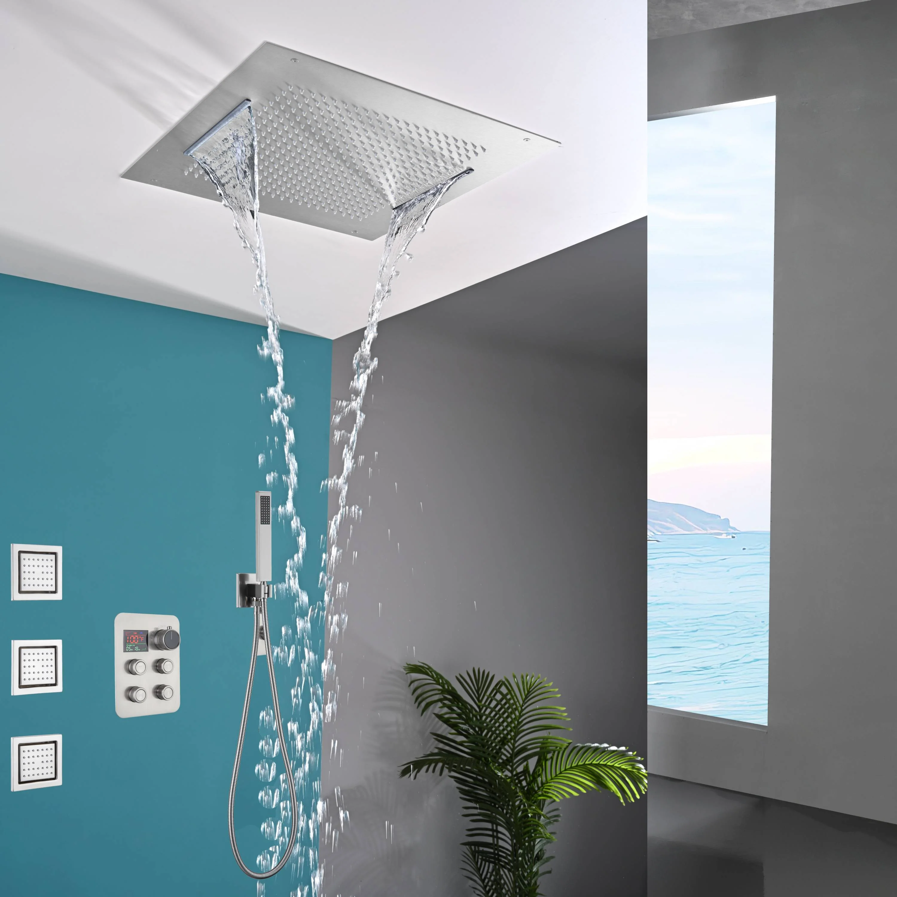 20 inch flush mount rainfall waterfall shower head with 4 way digital display valve and 4 inch body jets - Image 22