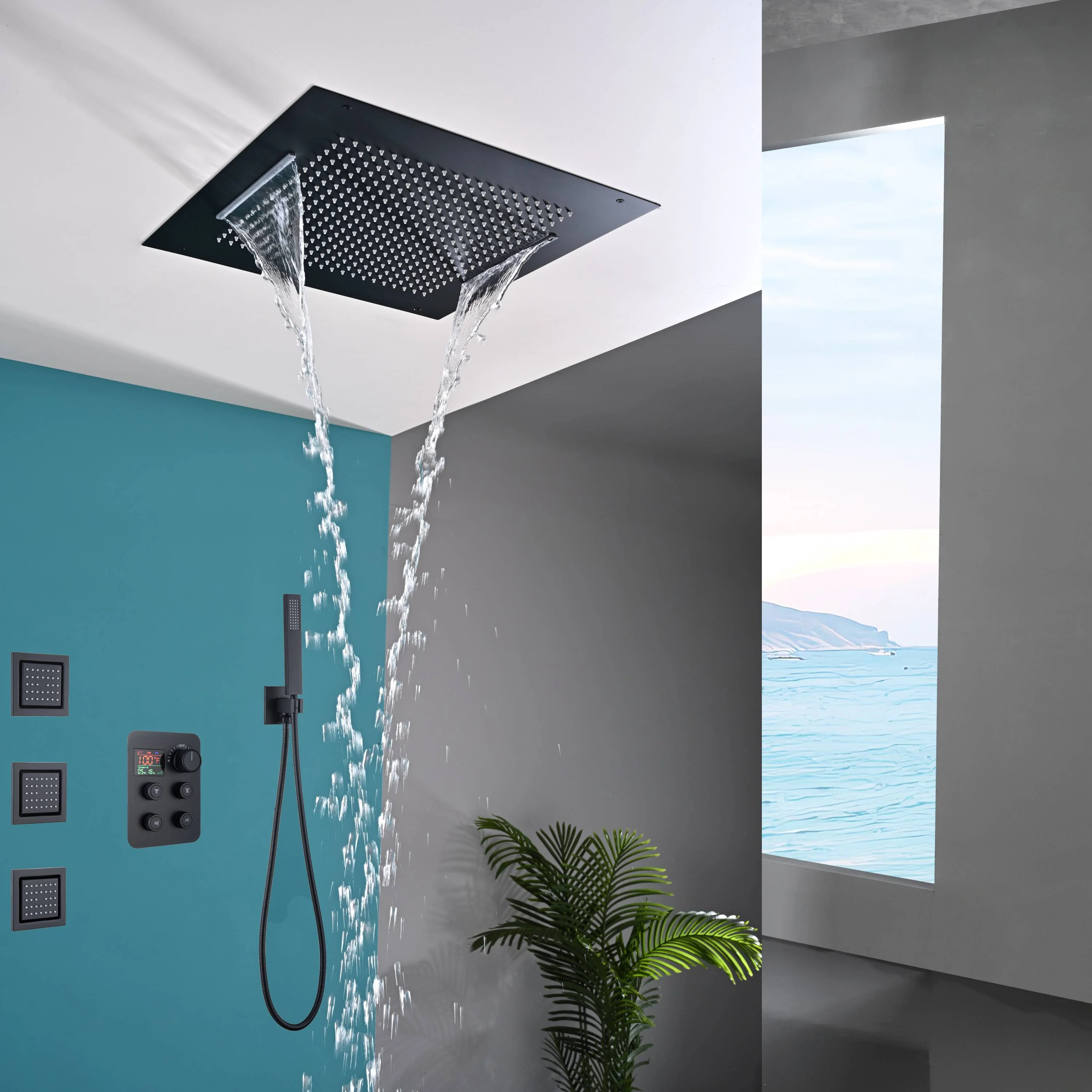 20 inch flush mount rainfall waterfall shower head with 4 way digital display valve and 4 inch body jets - Image 42