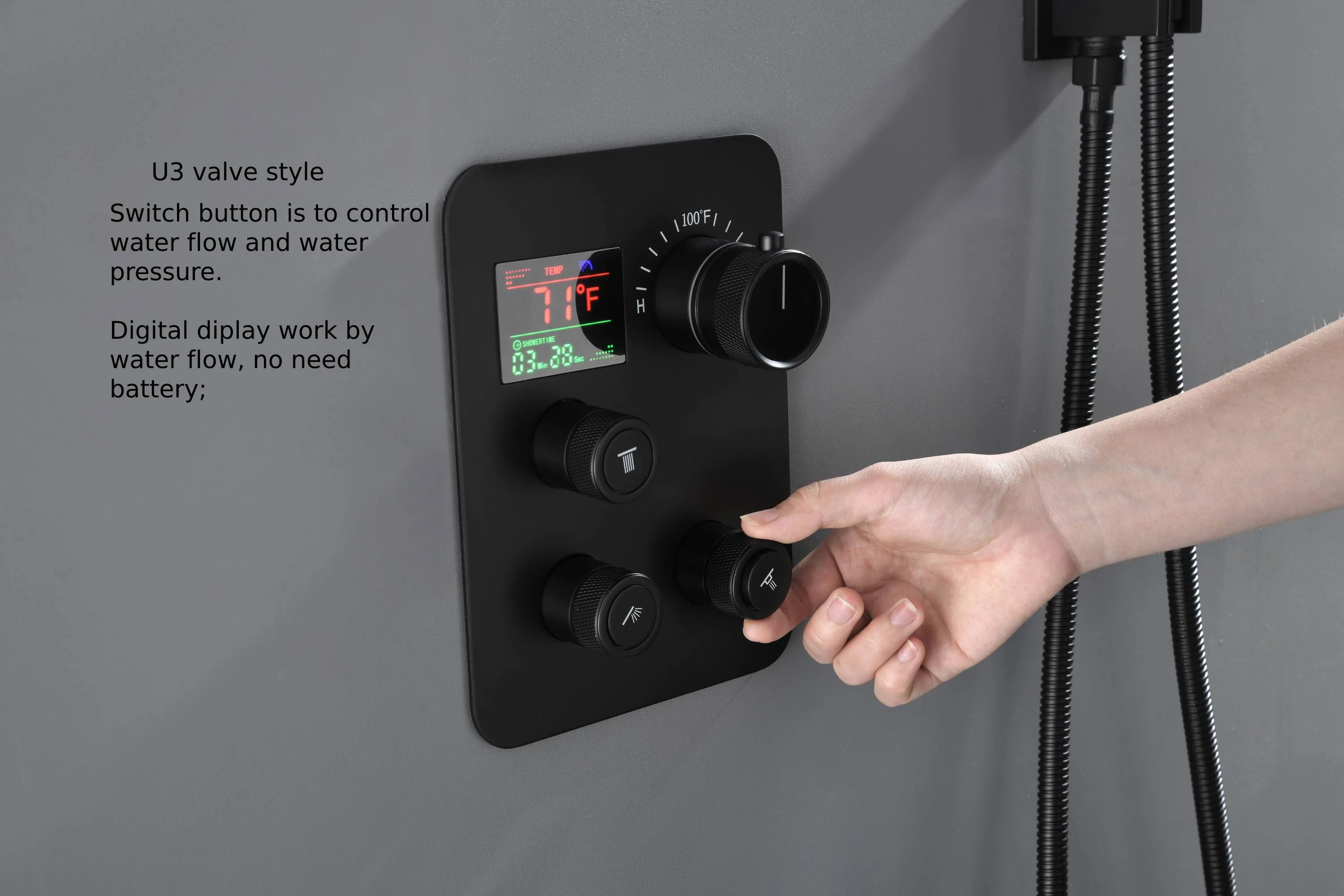 Matte Black Ceiling Mounted Shower Faucet: 20" or 24" with LED Colors, Digital Display Valve, 6 Body Jets - Image 3