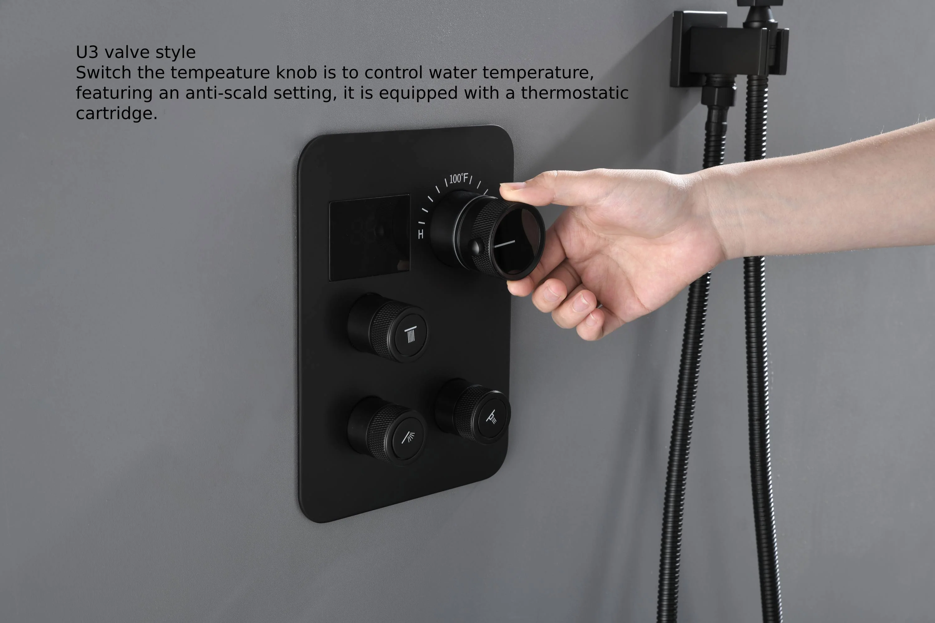 Matte Black Ceiling Mounted Shower Faucet: 20" or 24" with LED Colors, Digital Display Valve, 6 Body Jets - Image 4
