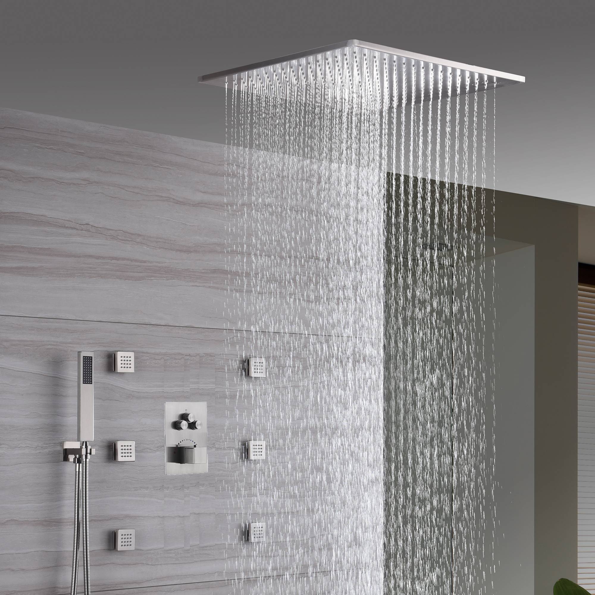 Brushed Nickel 3-Way Thermostatic Shower Faucet with Ceiling-Mounted 20'' or 24'' Head - Image 3