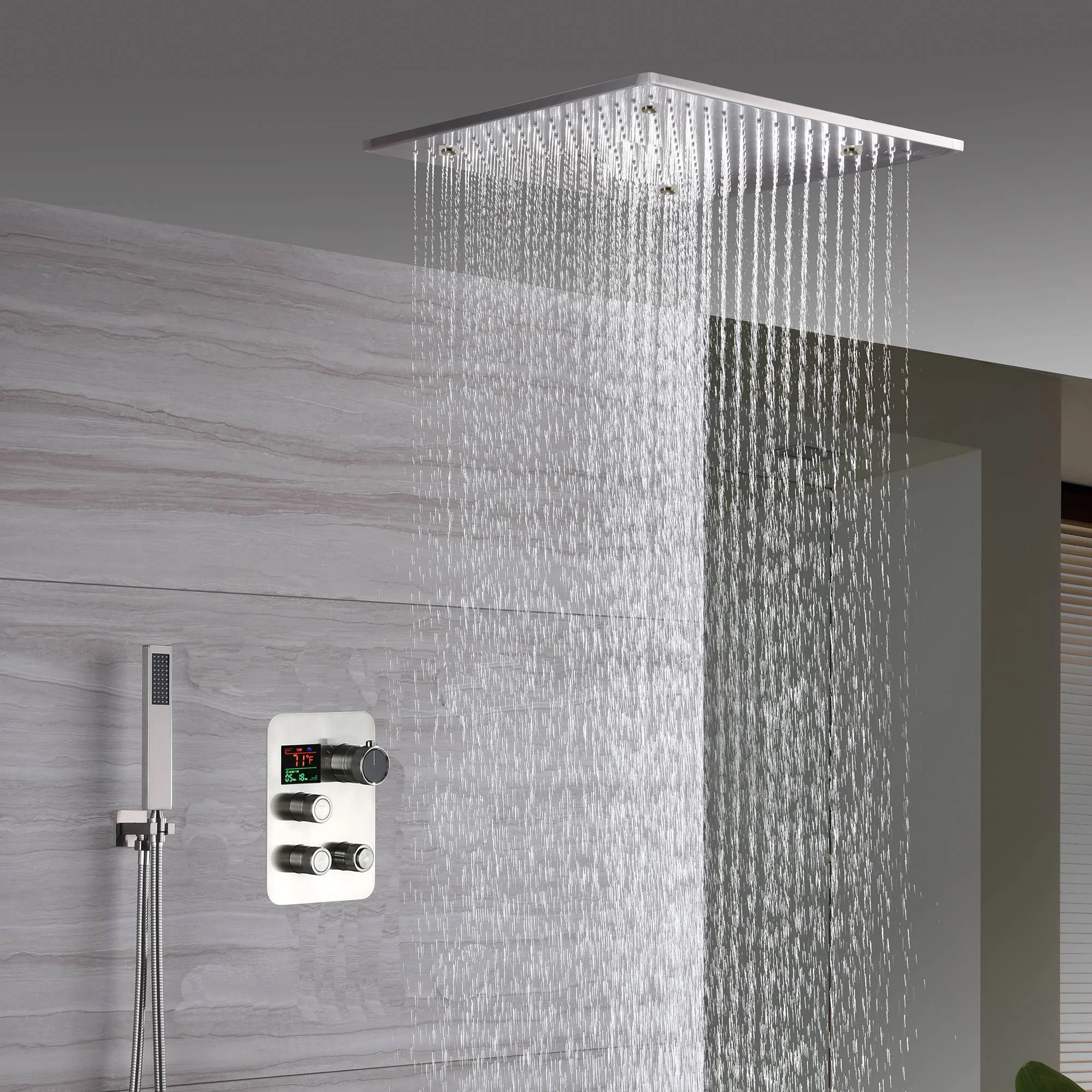 20-Inch Brushed Nickel Ceiling-Mount Rainfall, Waterfall and Mist Shower System with 3-Way Thermostatic Valve - Image 4