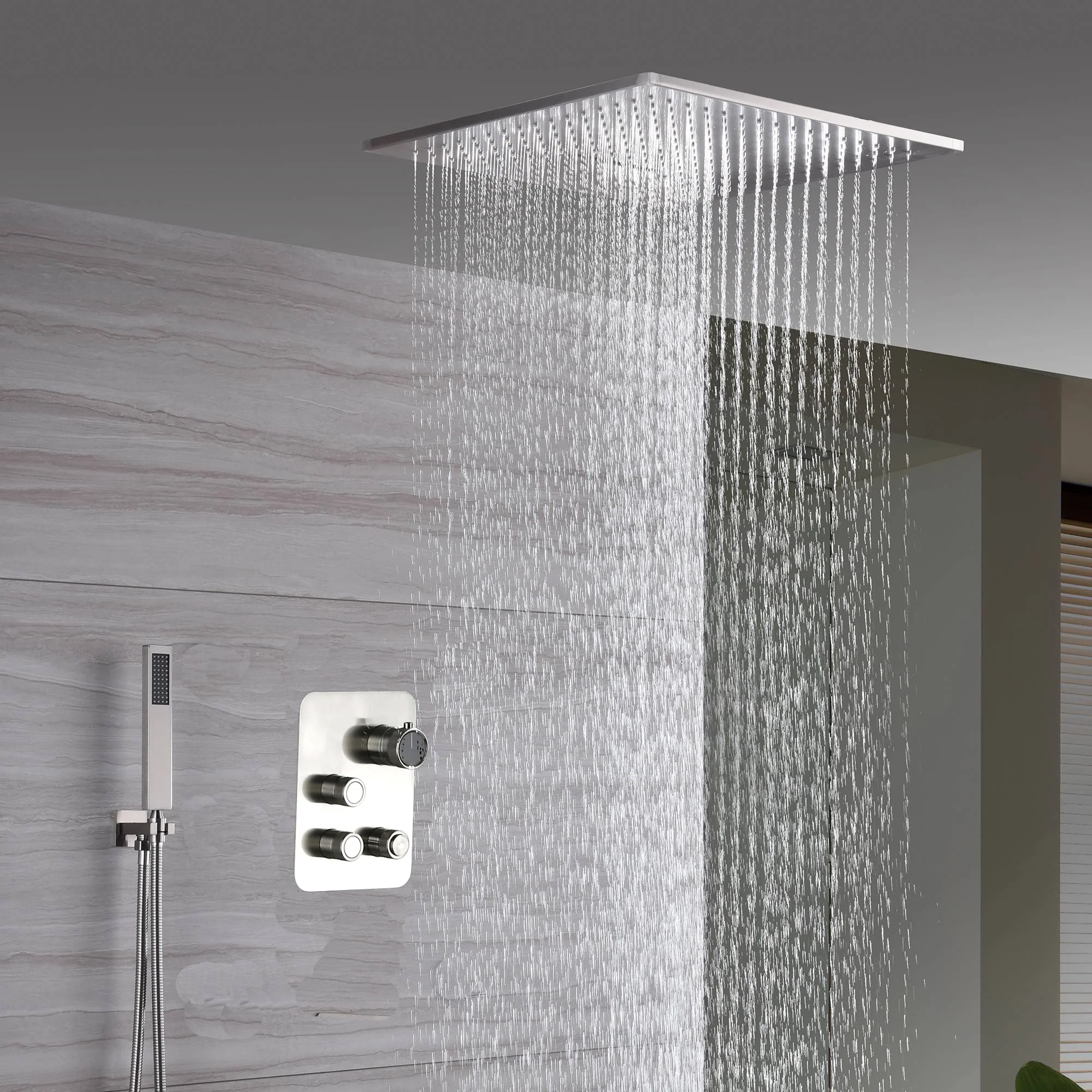 20-Inch Brushed Nickel Ceiling-Mount Rainfall, Waterfall and Mist Shower System with 3-Way Thermostatic Valve - Image 5