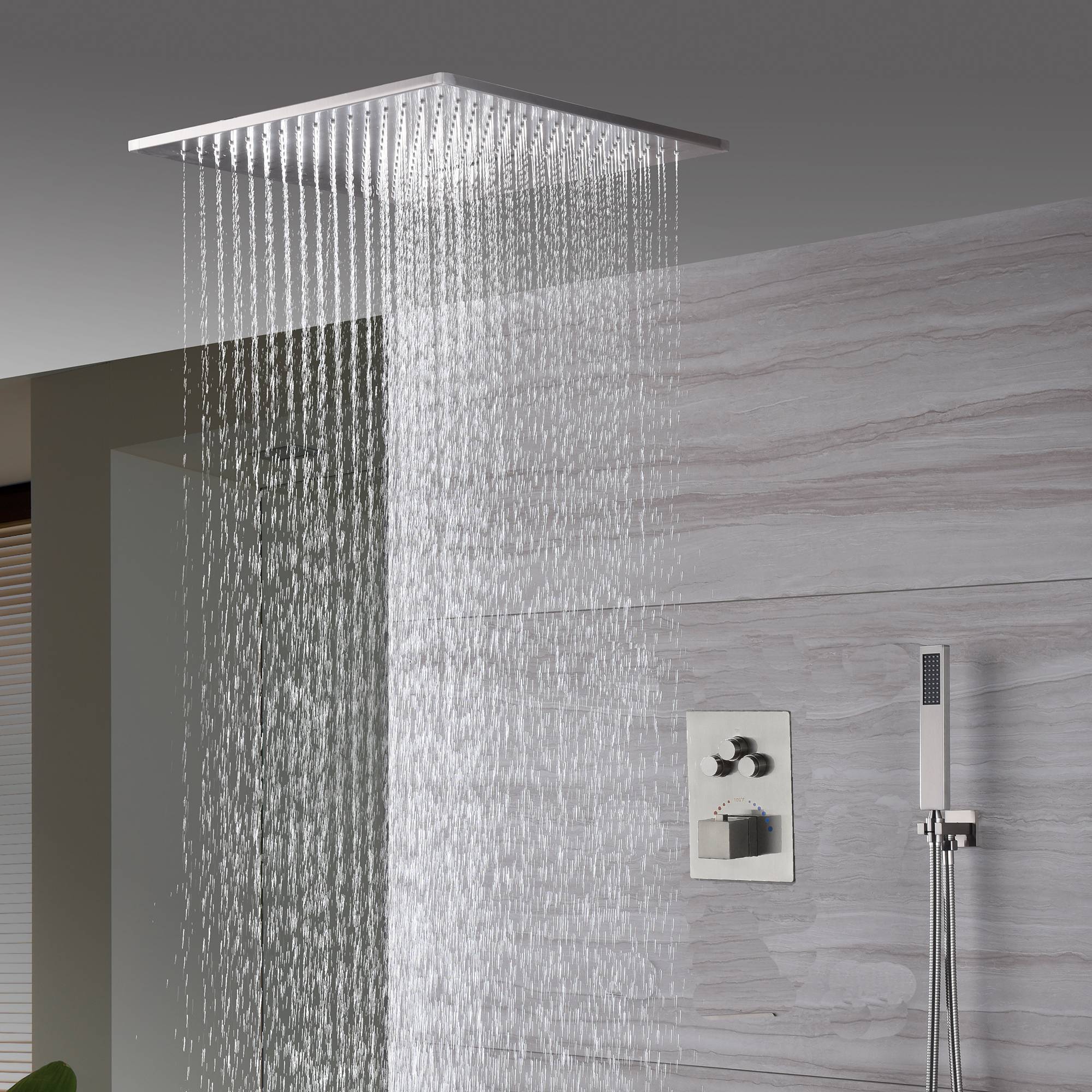 20-Inch Brushed Nickel Ceiling-Mount Rainfall, Waterfall and Mist Shower System with 3-Way Thermostatic Valve - Image 6