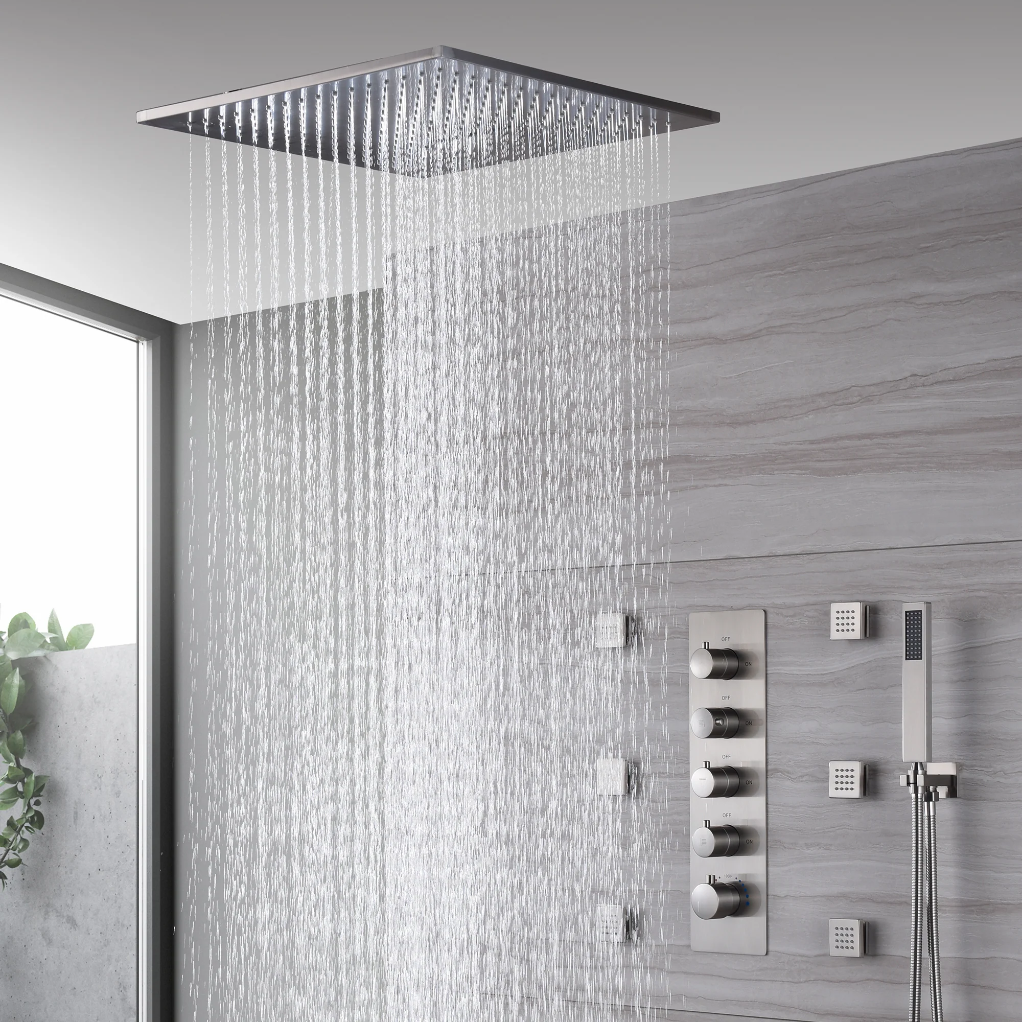 20inch Brushed nickel ceiling mount rainfall waterfall shower systems 4 way thermostatic valve with 6 body jets - Image 3