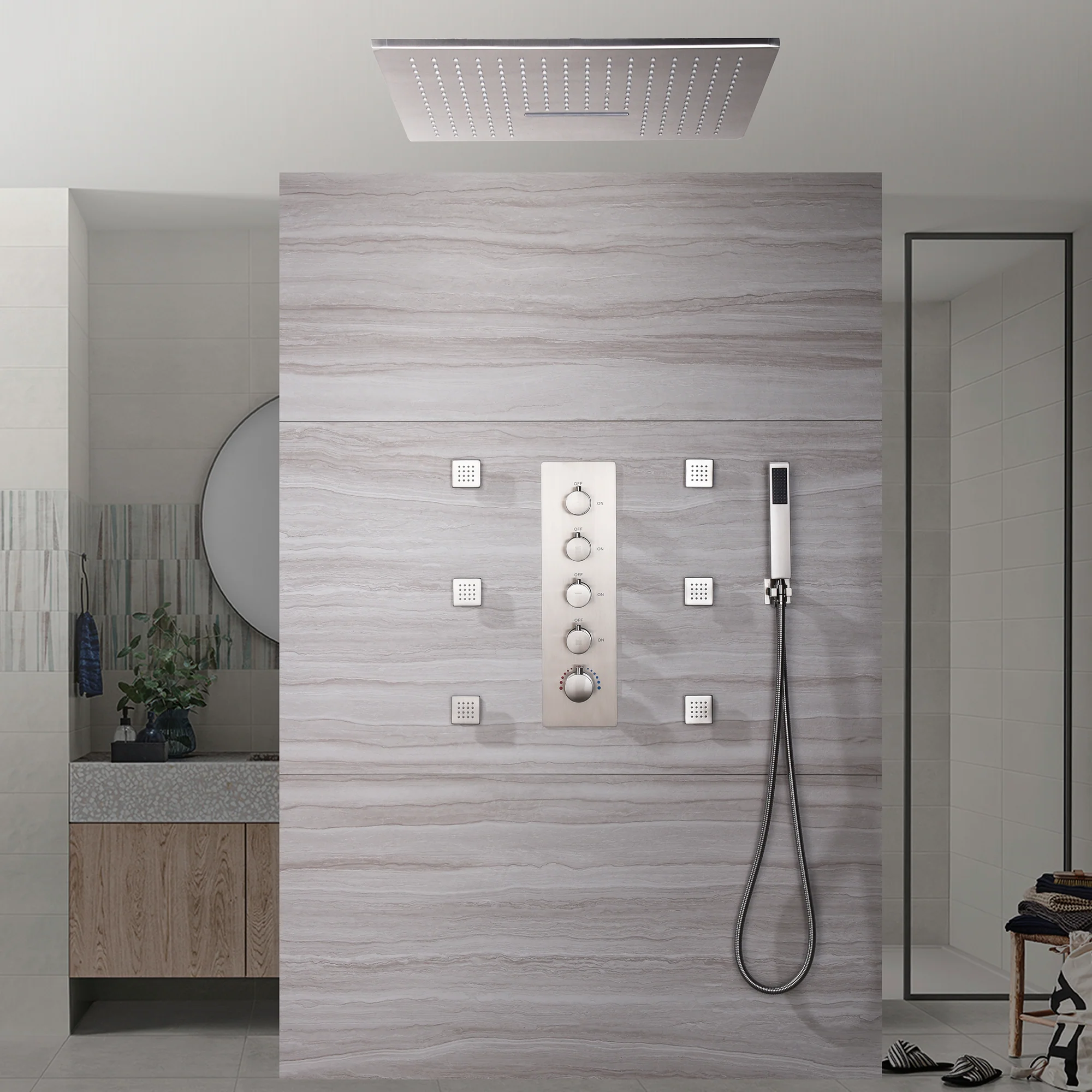 20inch Brushed nickel ceiling mount rainfall waterfall shower systems 4 way thermostatic valve with 6 body jets - Image 4