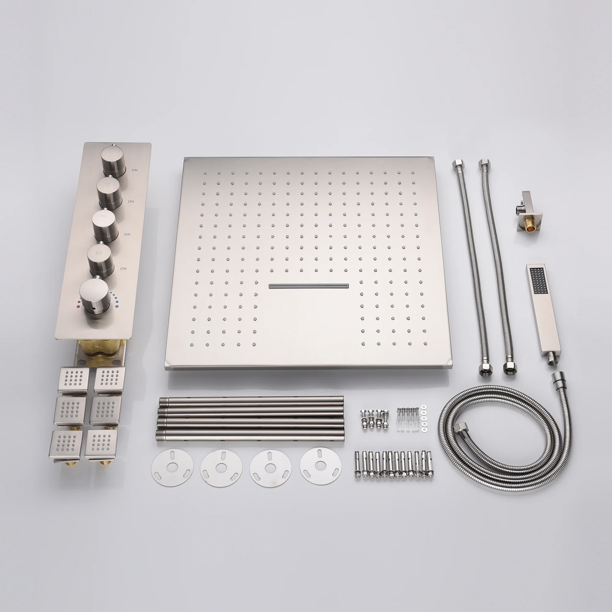 20inch Brushed nickel ceiling mount rainfall waterfall shower systems 4 way thermostatic valve with 6 body jets - Image 9