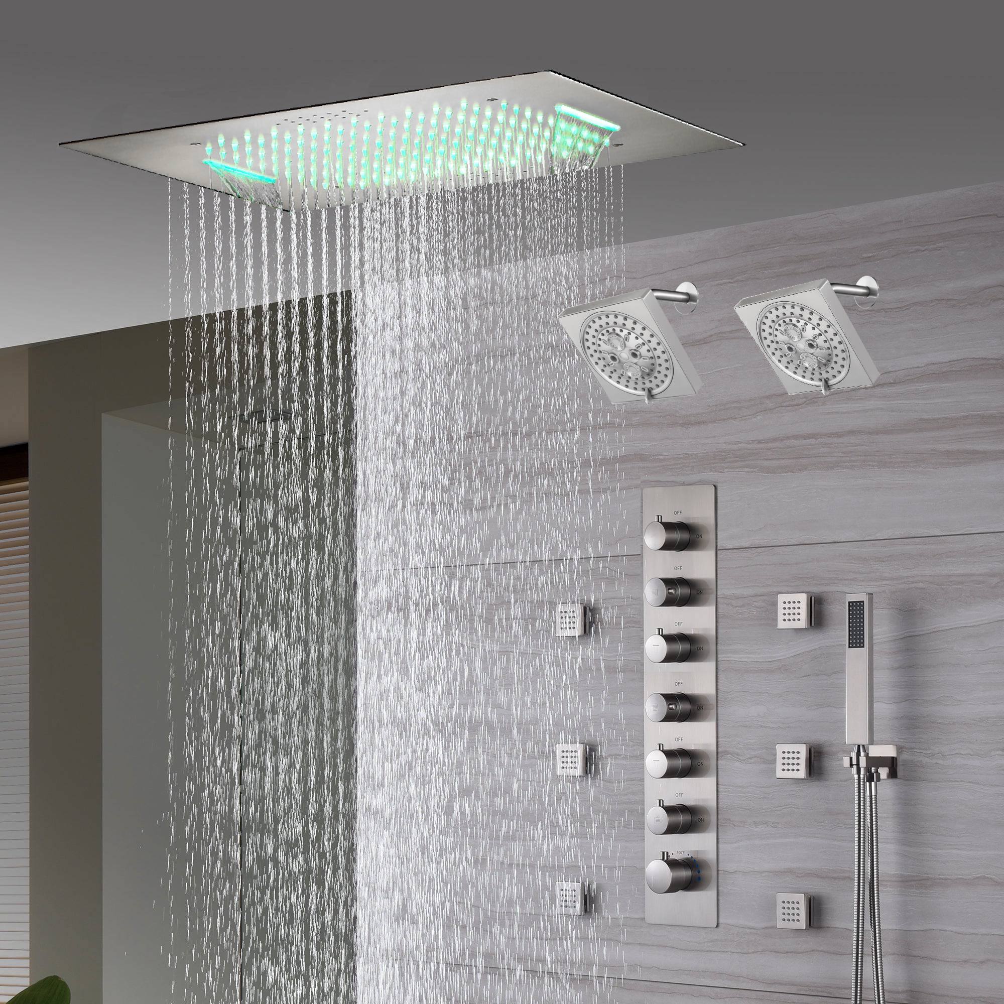 20" Brushed Nickel Rainfall Shower System: 6-Way Thermostatic Valve, Dual Heads, 6 Body Jets - Image 2