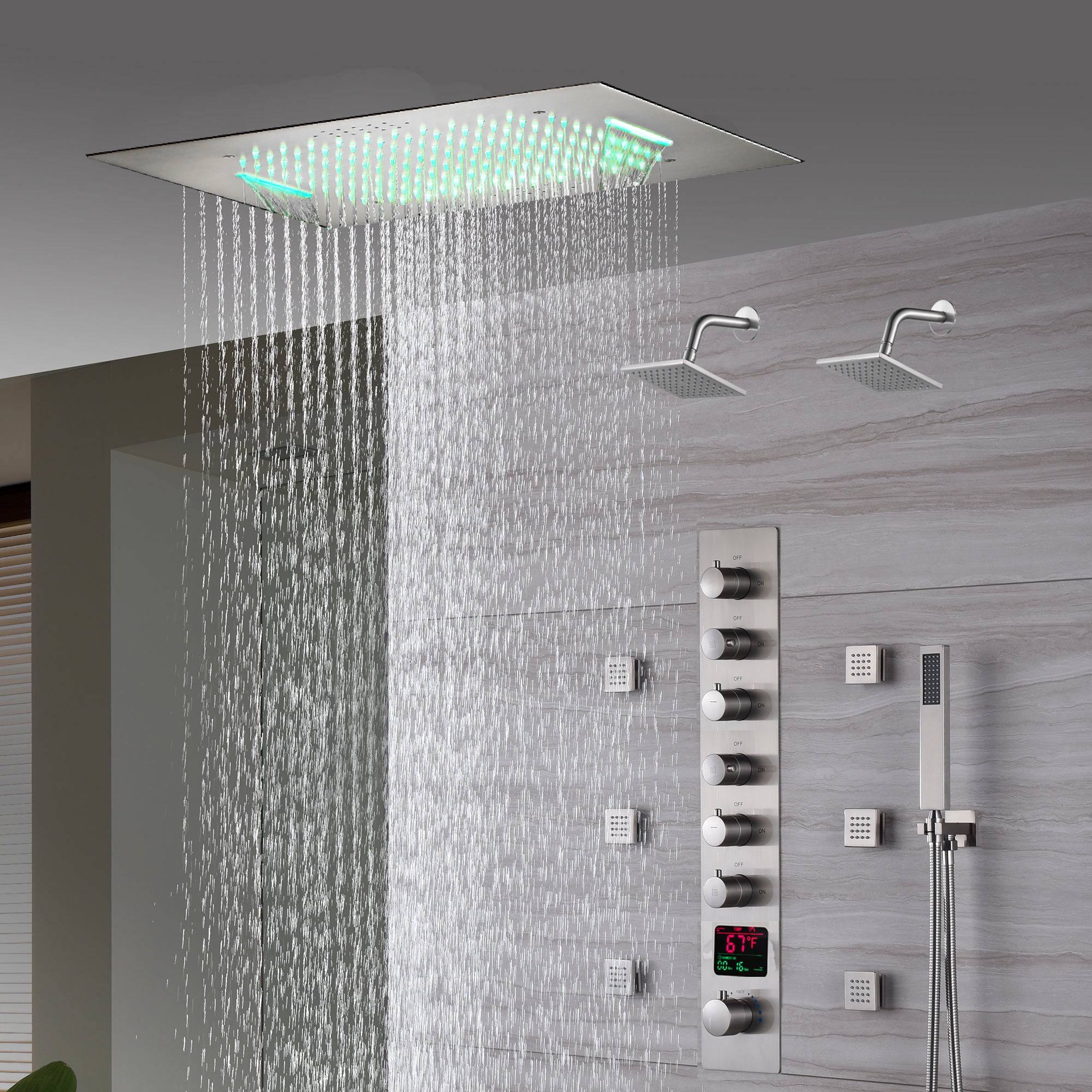 20" Brushed Nickel Rainfall Shower System: 6-Way Thermostatic Valve, Dual Heads, 6 Body Jets - Image 3
