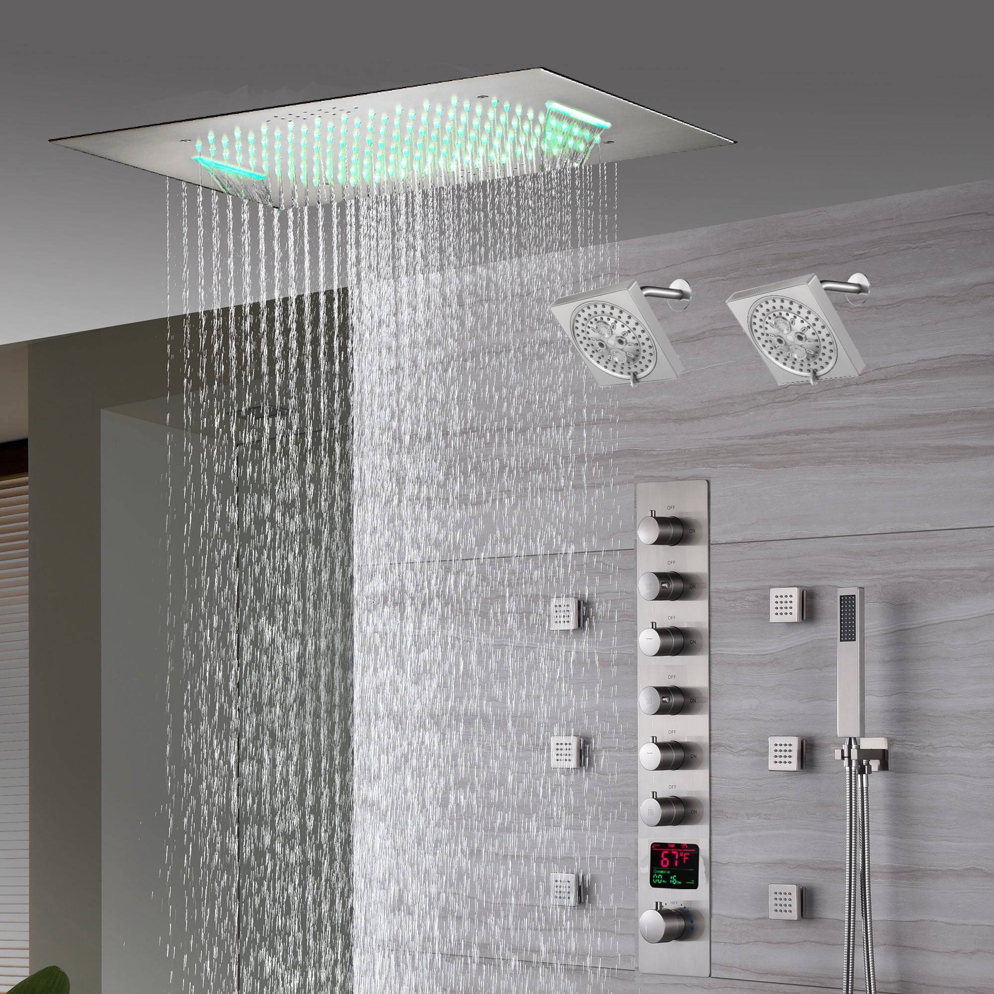 20" Brushed Nickel Rainfall Shower System: 6-Way Thermostatic Valve, Dual Heads, 6 Body Jets - Image 4