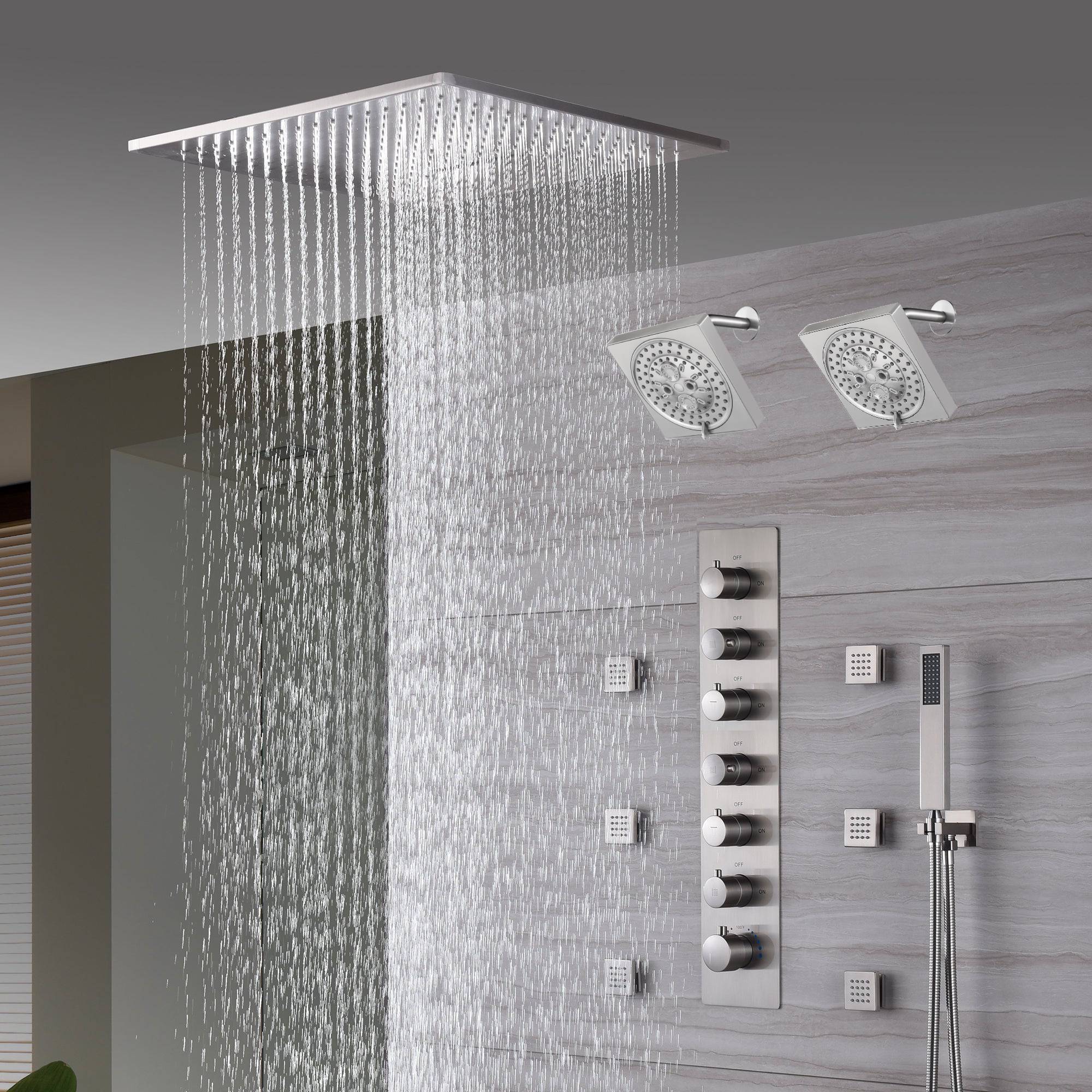 20" Brushed Nickel Rainfall Shower System: 6-Way Thermostatic Valve, Dual Heads, 6 Body Jets - Image 6