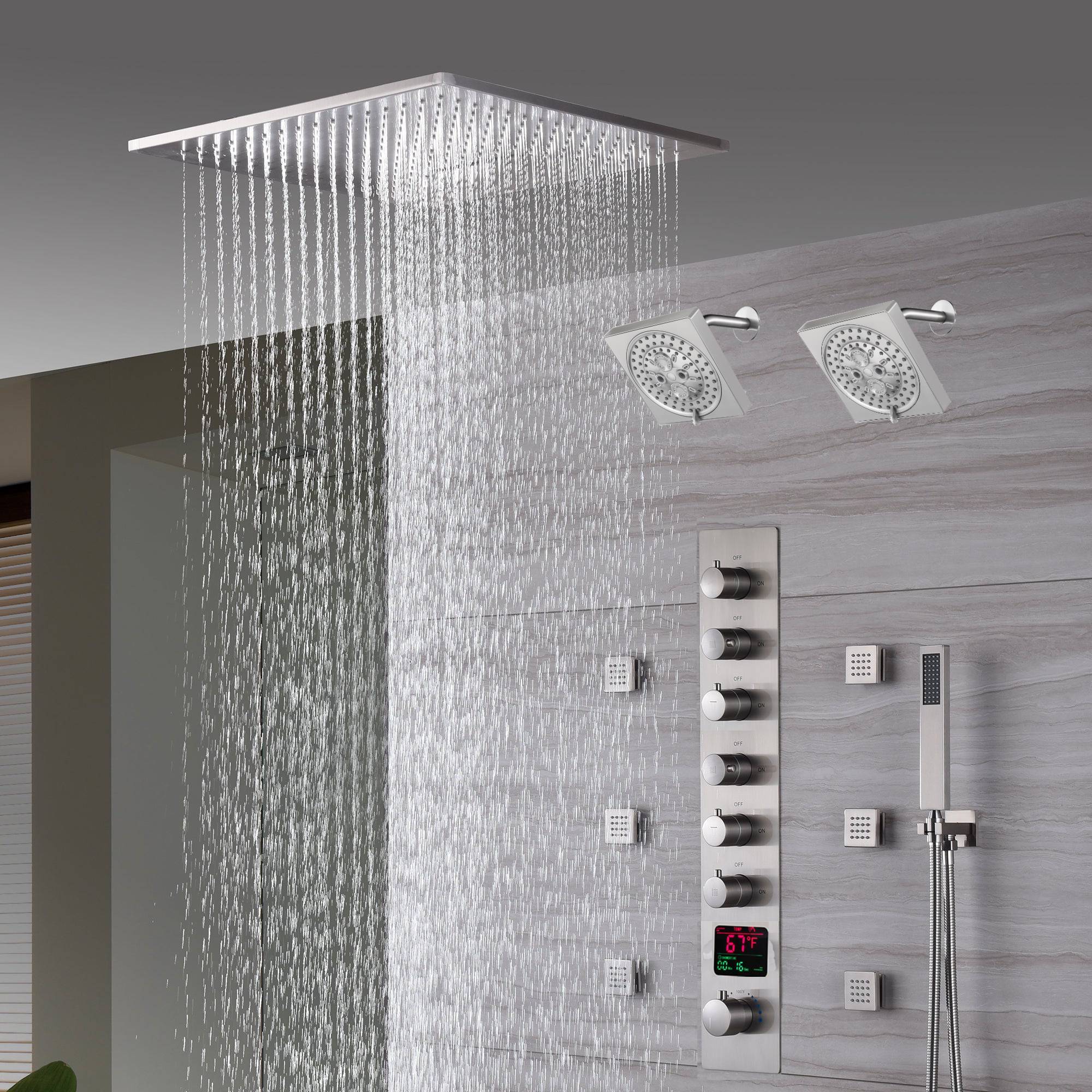 20" Brushed Nickel Rainfall Shower System: 6-Way Thermostatic Valve, Dual Heads, 6 Body Jets - Image 7