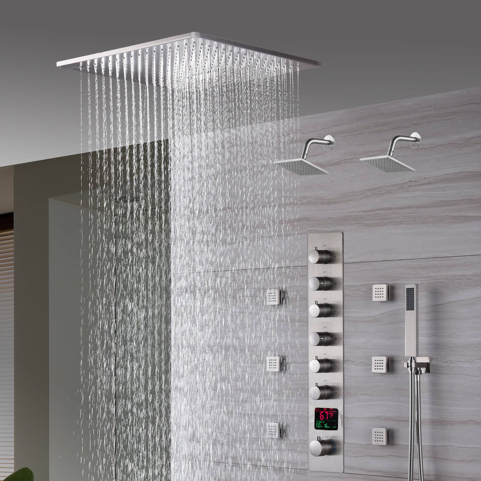 20" Brushed Nickel Rainfall Shower System: 6-Way Thermostatic Valve, Dual Heads, 6 Body Jets - Image 8