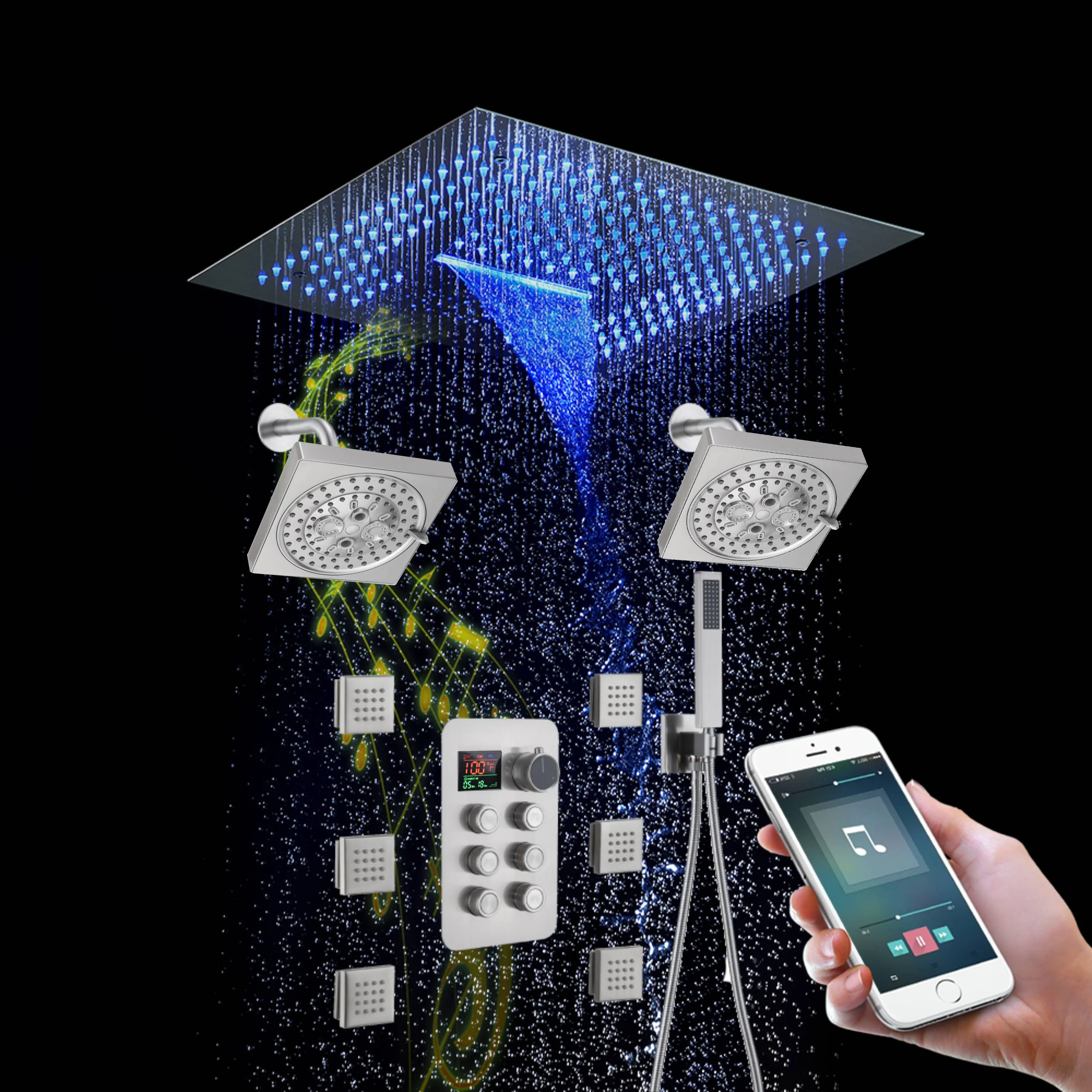 16" Brushed Nickel Flush Mount 6-Way Thermostatic Shower System: Dual Heads, 6 Body Jet - Image 2