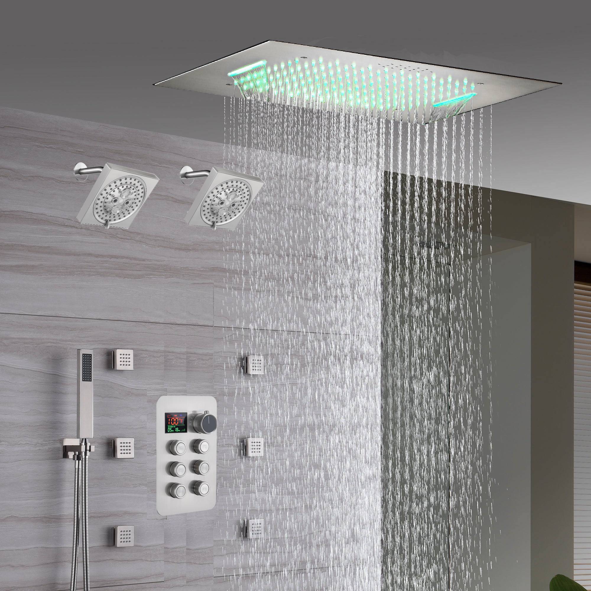 20" Brushed Nickel Rainfall Shower System: 6-Way Thermostatic Control, Dual Heads, 6 Body Jets - Image 2