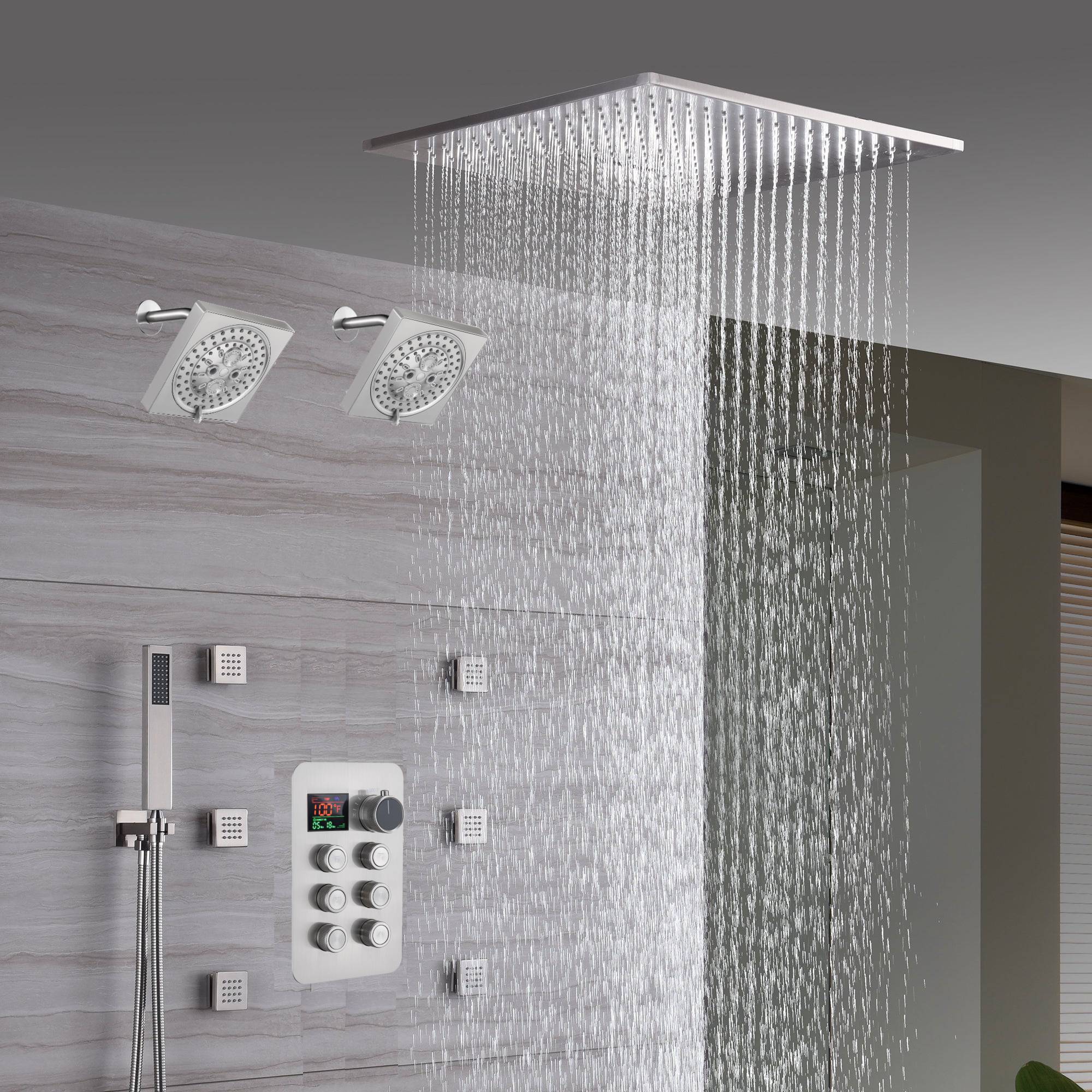20" Brushed Nickel Rainfall Shower System: 6-Way Thermostatic Control, Dual Heads, 6 Body Jets - Image 3