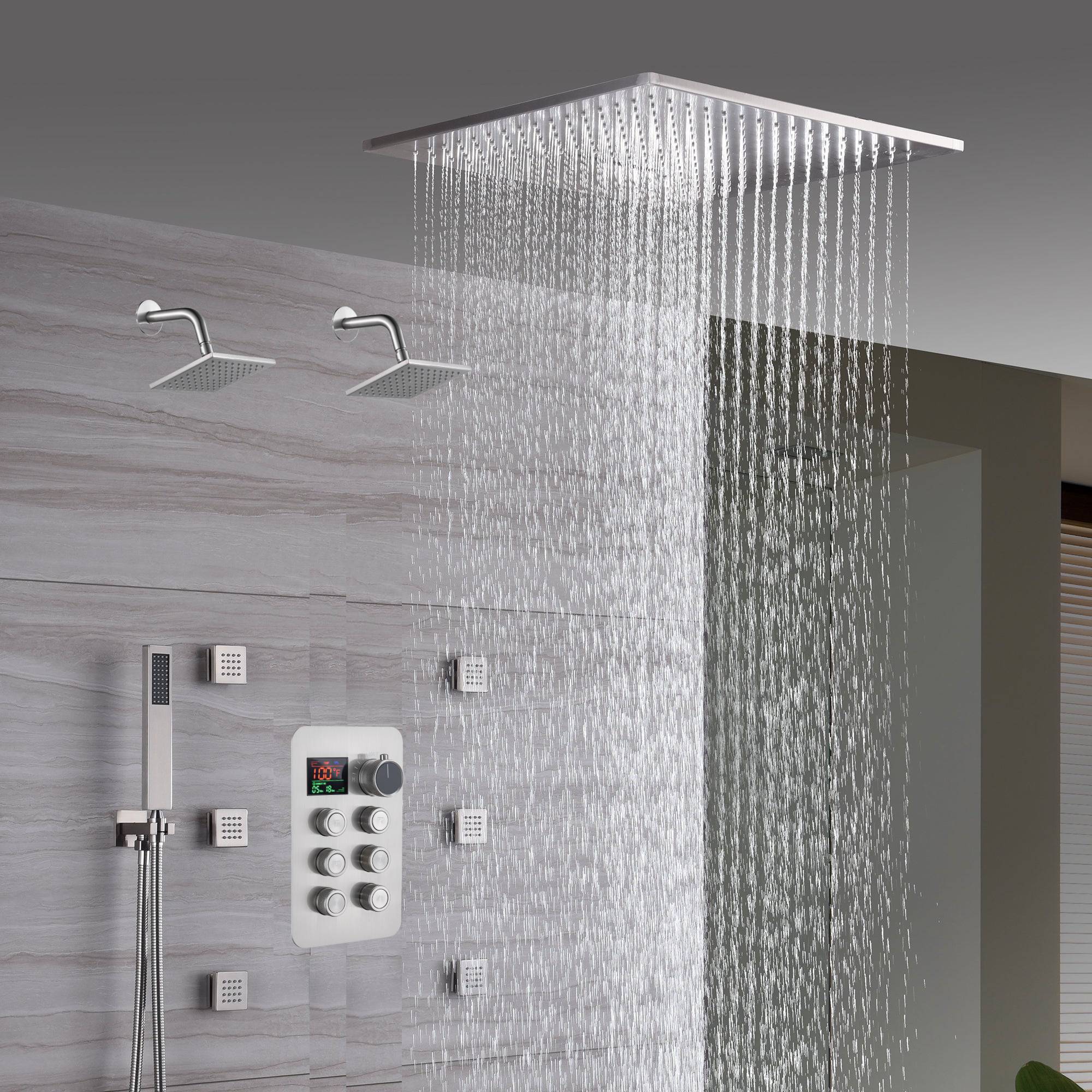 20" Brushed Nickel Rainfall Shower System: 6-Way Thermostatic Control, Dual Heads, 6 Body Jets - Image 4