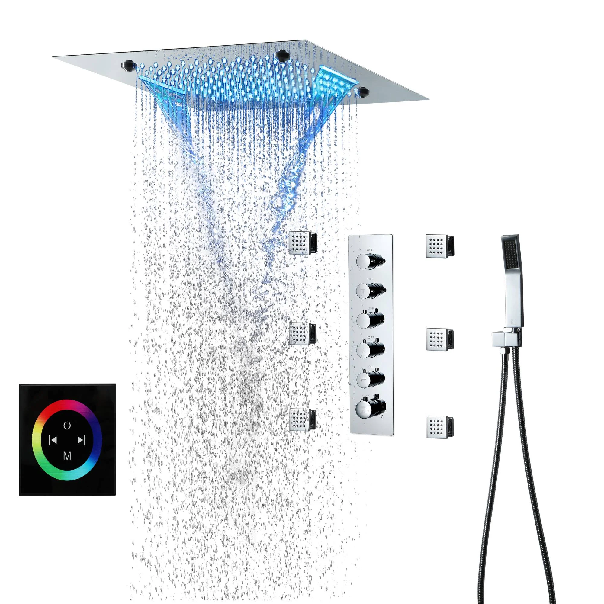 Bluetooth Music 64 LED colors 20inch chrome flushed on rainfall waterfall mist shower systems 5 way thermostatic valve with 6 body jets and touch panel - Image 5