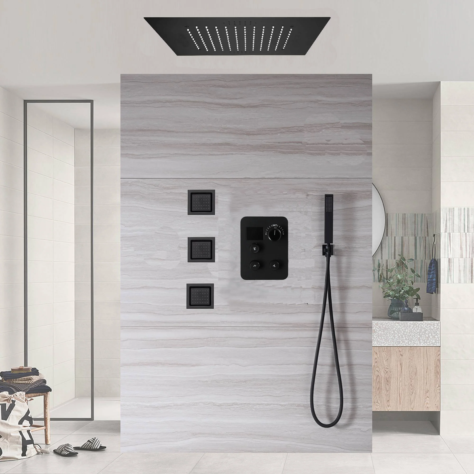 20inch LED Rainfall matte black 3 way digital thermostatic shower faucet with Body jets - Image 3