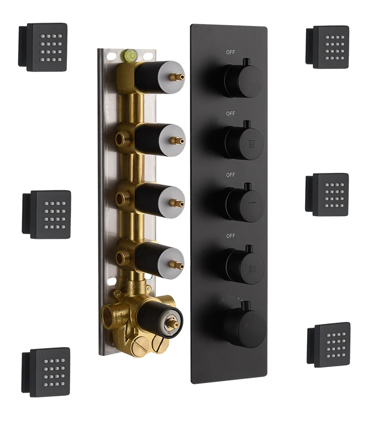 Matte Black 20" Flush or Ceiling Mount Shower System with Thermostatic Valve and Body Jets - Image 10