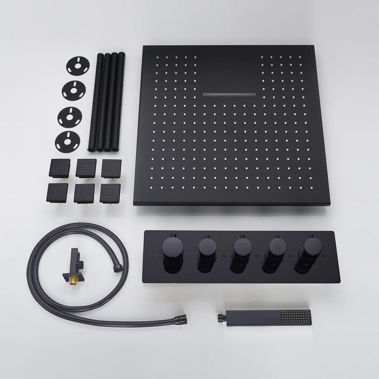 Matte Black 20" Flush or Ceiling Mount Shower System with Thermostatic Valve and Body Jets - Image 12