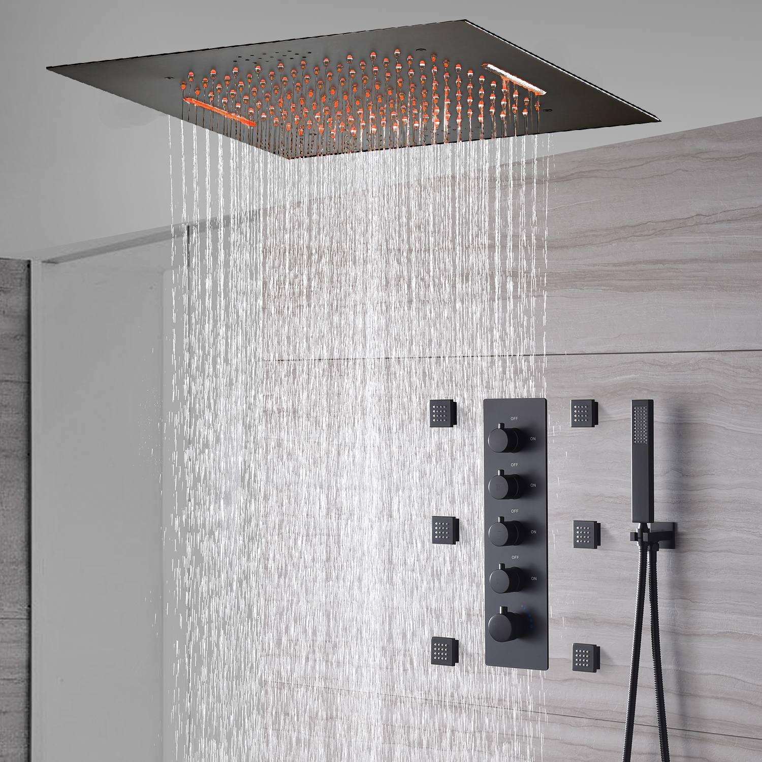 Matte Black 20" Flush or Ceiling Mount Shower System with Thermostatic Valve and Body Jets - Image 3