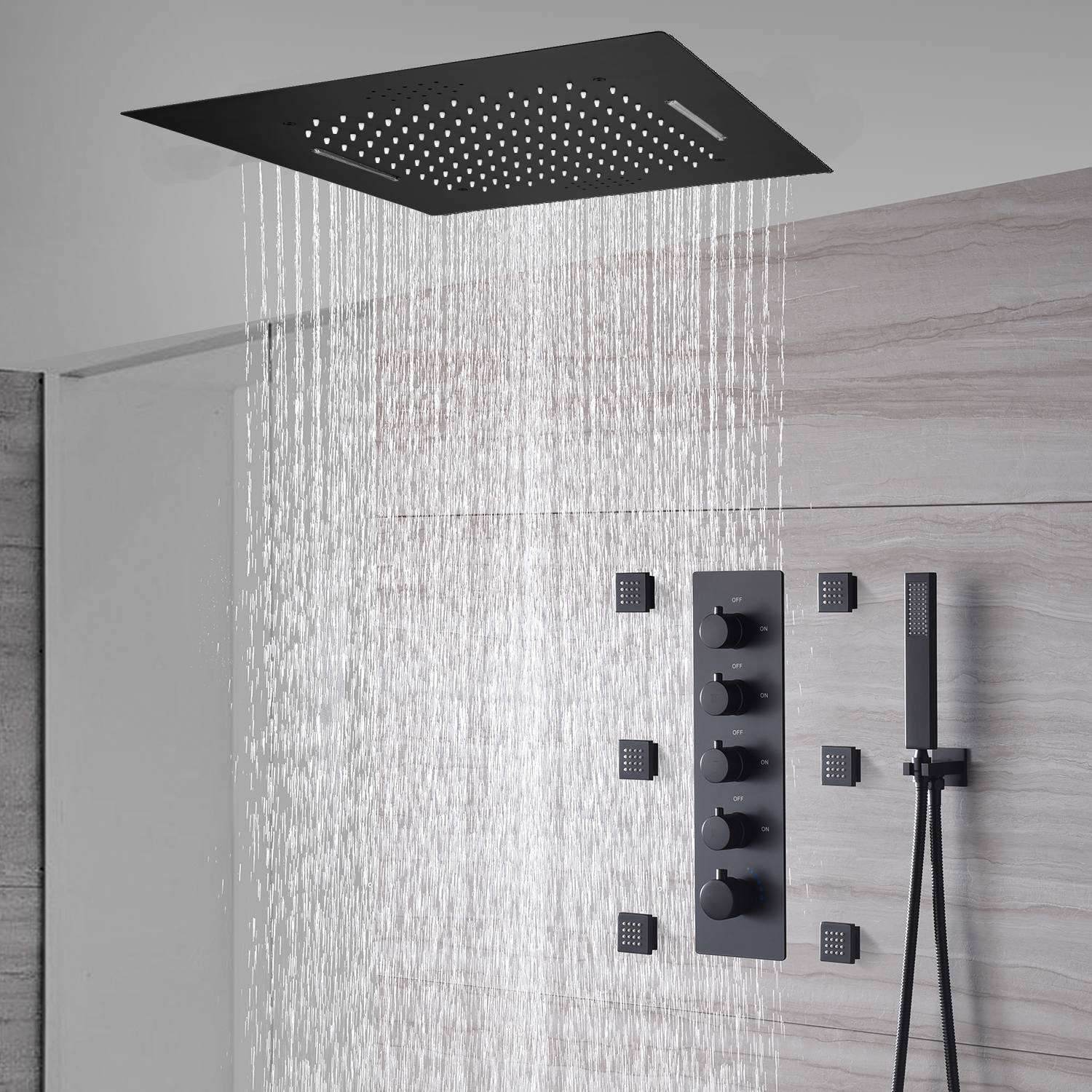 Matte Black 20" Flush or Ceiling Mount Shower System with Thermostatic Valve and Body Jets - Image 4