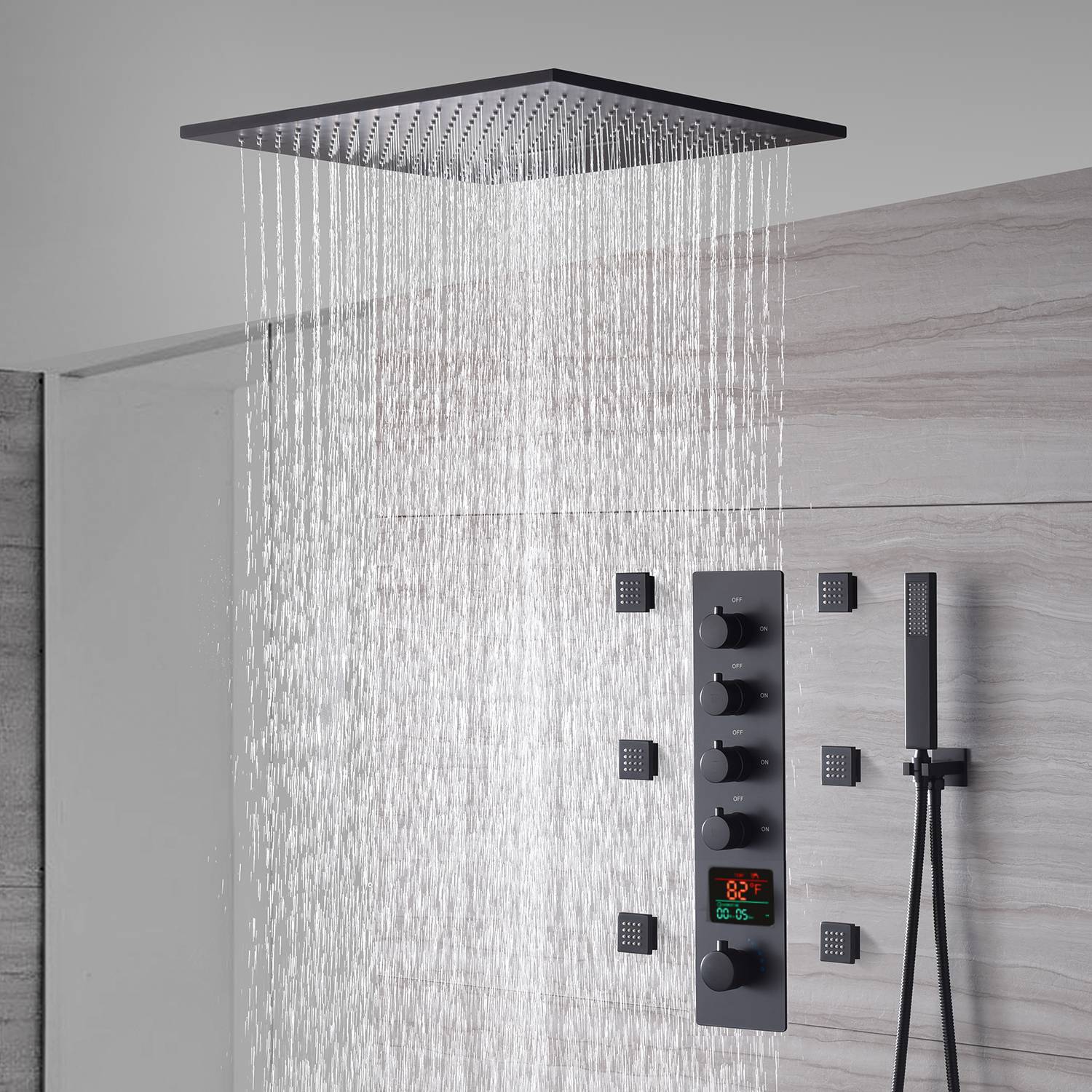 Matte Black 20" Flush or Ceiling Mount Shower System with Thermostatic Valve and Body Jets - Image 5
