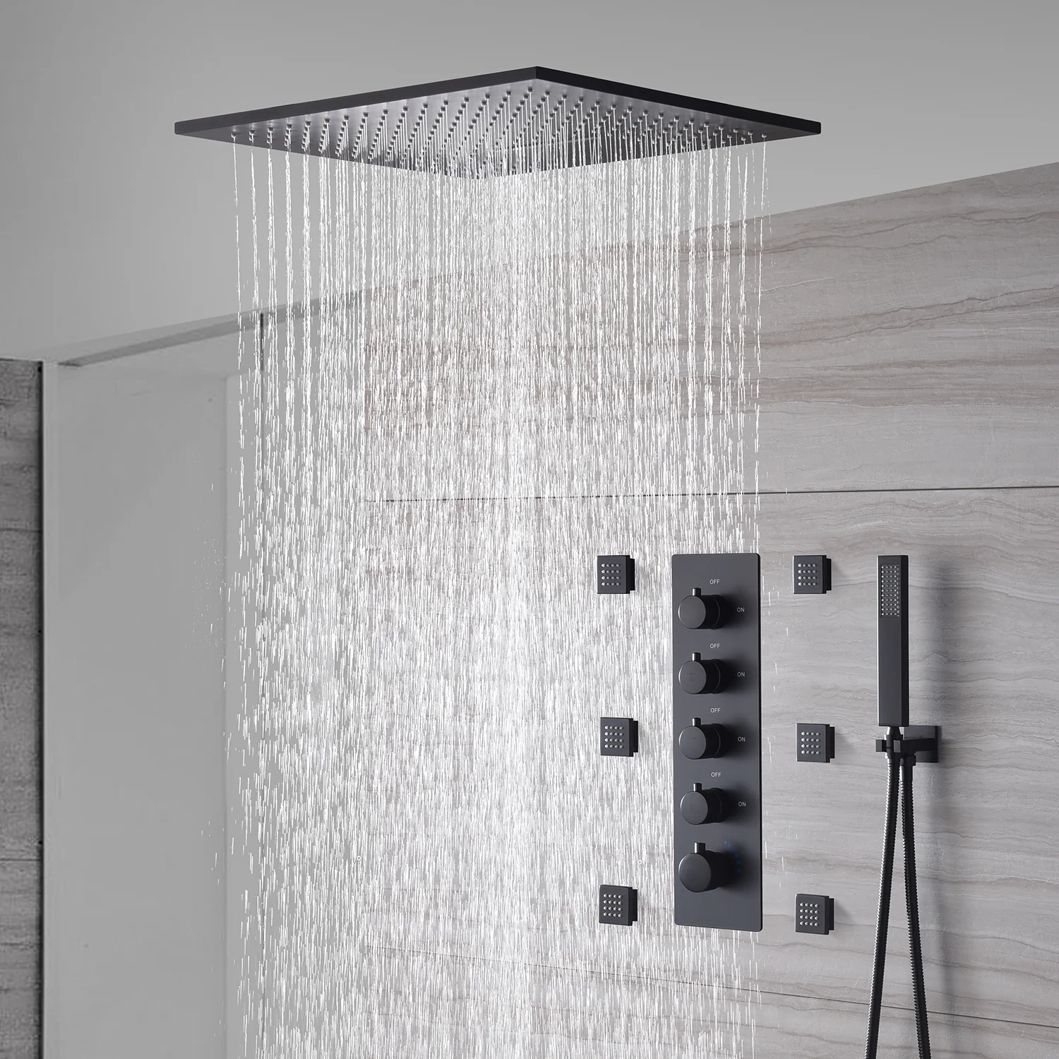 Matte Black 20" Flush or Ceiling Mount Shower System with Thermostatic Valve and Body Jets - Image 6