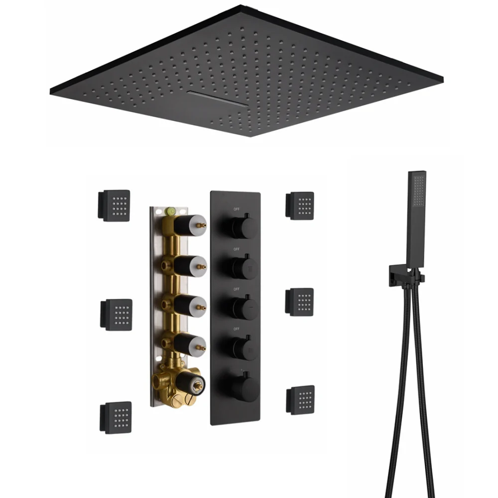 Matte Black 20" Flush or Ceiling Mount Shower System with Thermostatic Valve and Body Jets - Image 7