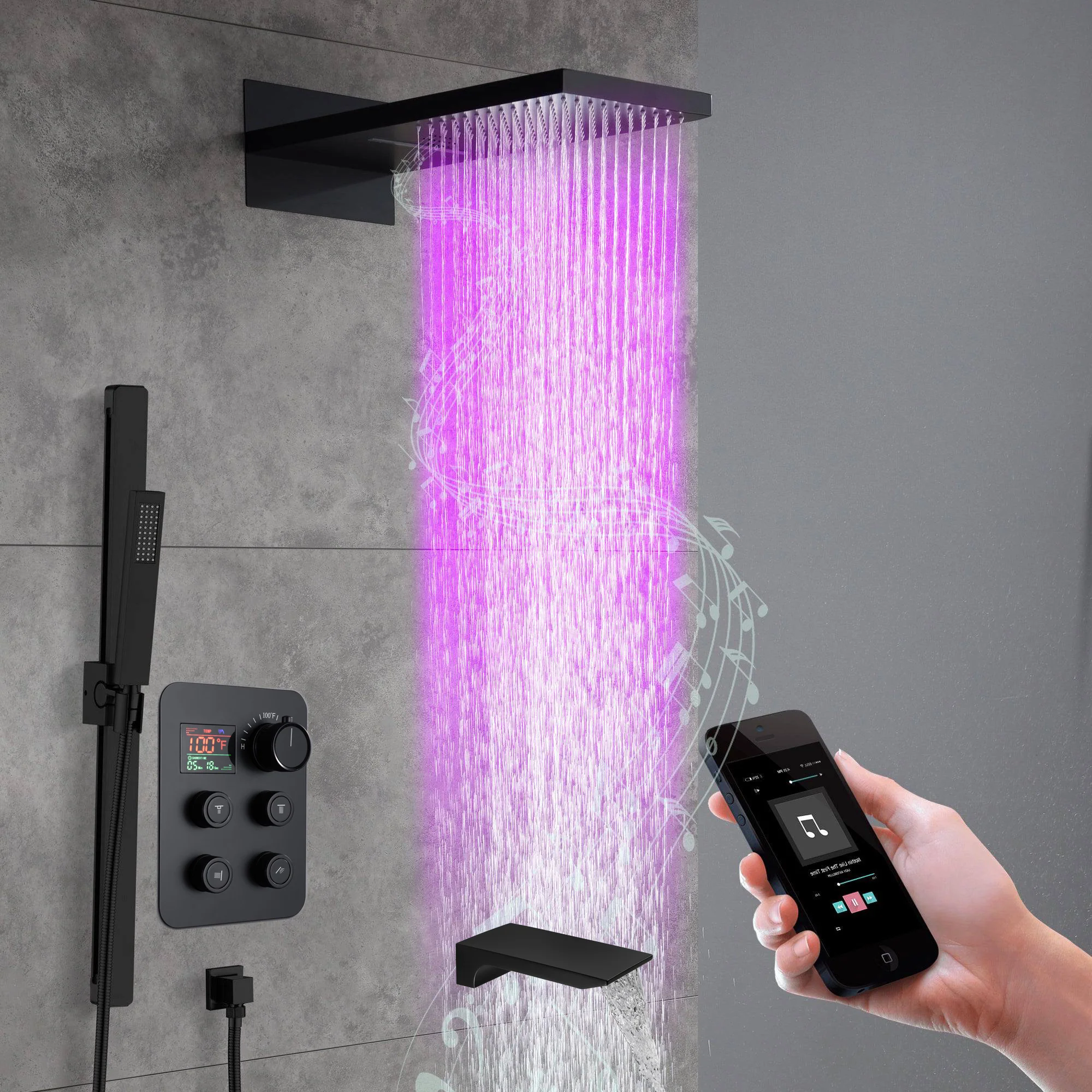 22" Bluetooth Music LED Shower System with 4-Way Thermostatic Faucet and Tub Spout, 3 Finishes - Image 3