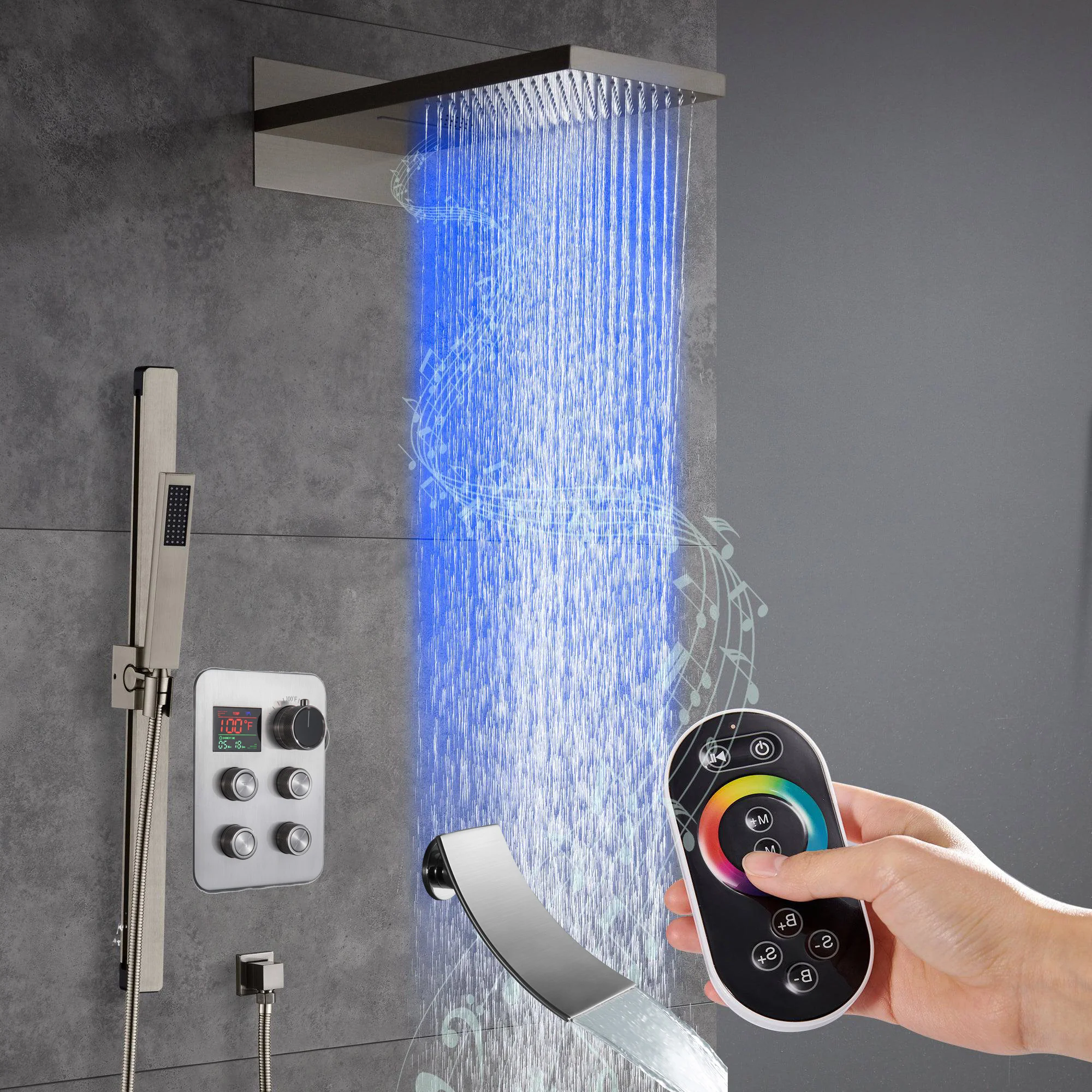 22" Bluetooth Music LED Shower System with 4-Way Thermostatic Faucet and Tub Spout, 3 Finishes - Image 4