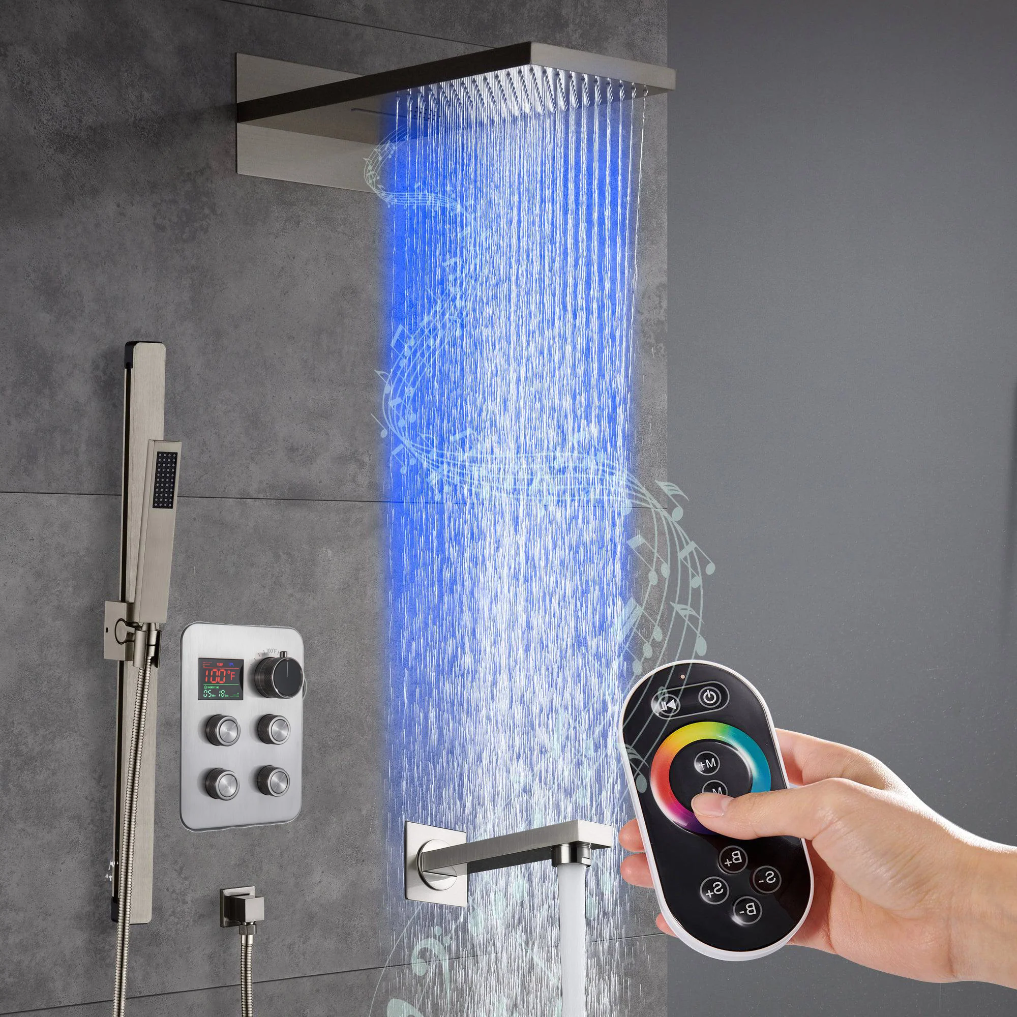 22" Bluetooth Music LED Shower System with 4-Way Thermostatic Faucet and Tub Spout, 3 Finishes - Image 5