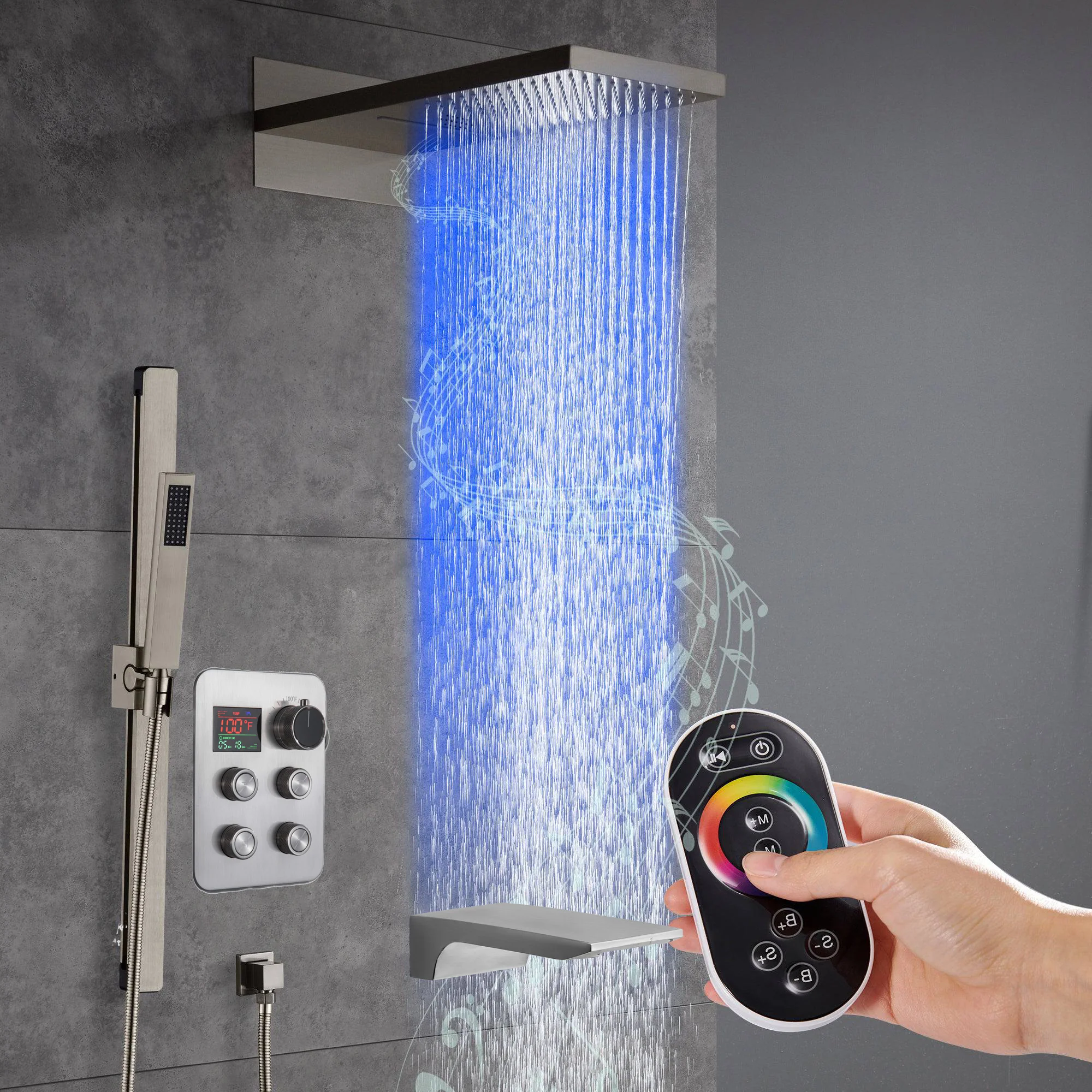 22" Bluetooth Music LED Shower System with 4-Way Thermostatic Faucet and Tub Spout, 3 Finishes - Image 6