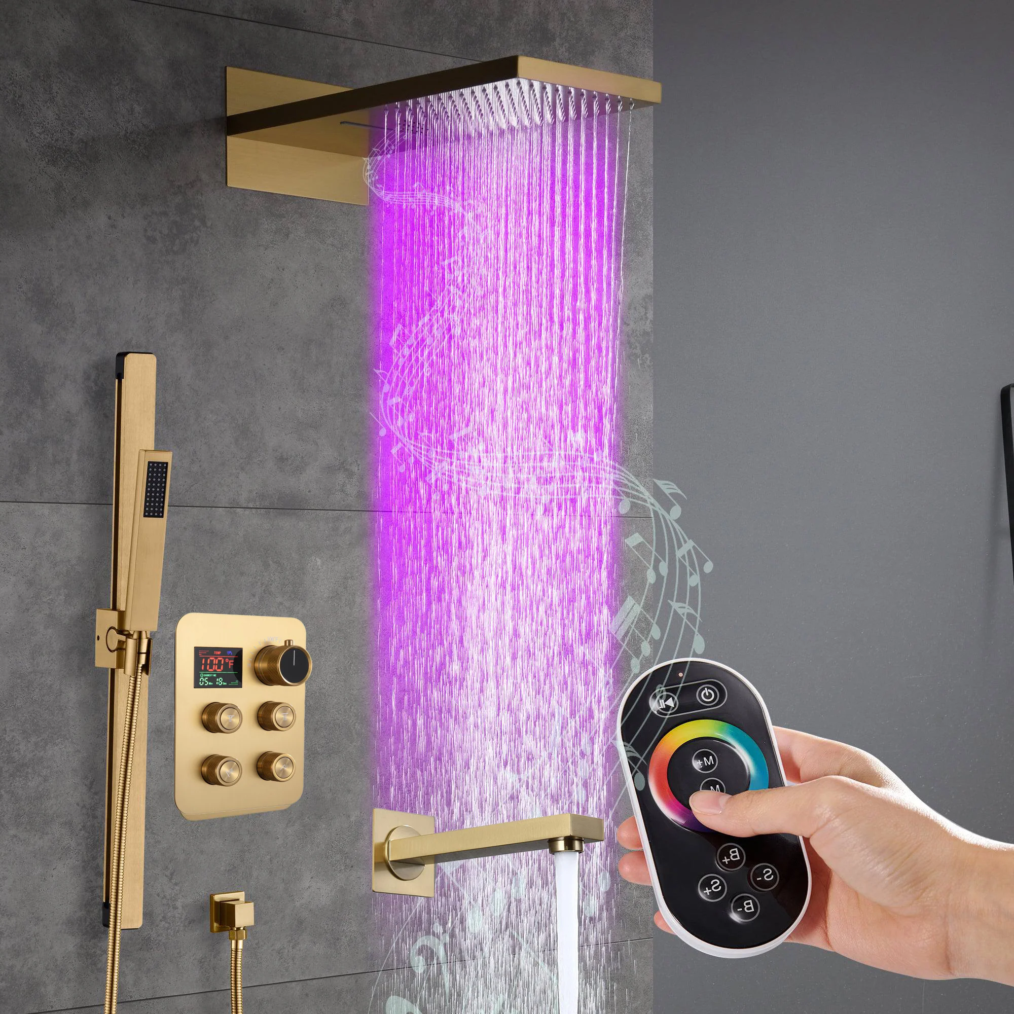 22" Bluetooth Music LED Shower System with 4-Way Thermostatic Faucet and Tub Spout, 3 Finishes - Image 7
