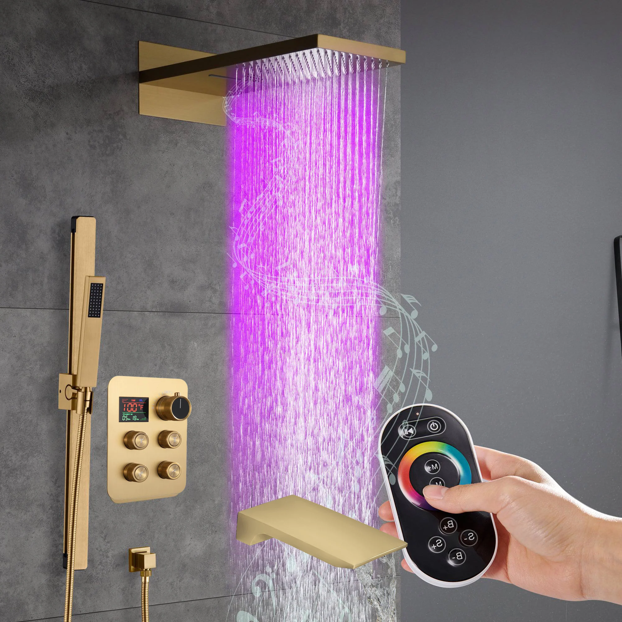 22" Bluetooth Music LED Shower System with 4-Way Thermostatic Faucet and Tub Spout, 3 Finishes - Image 8