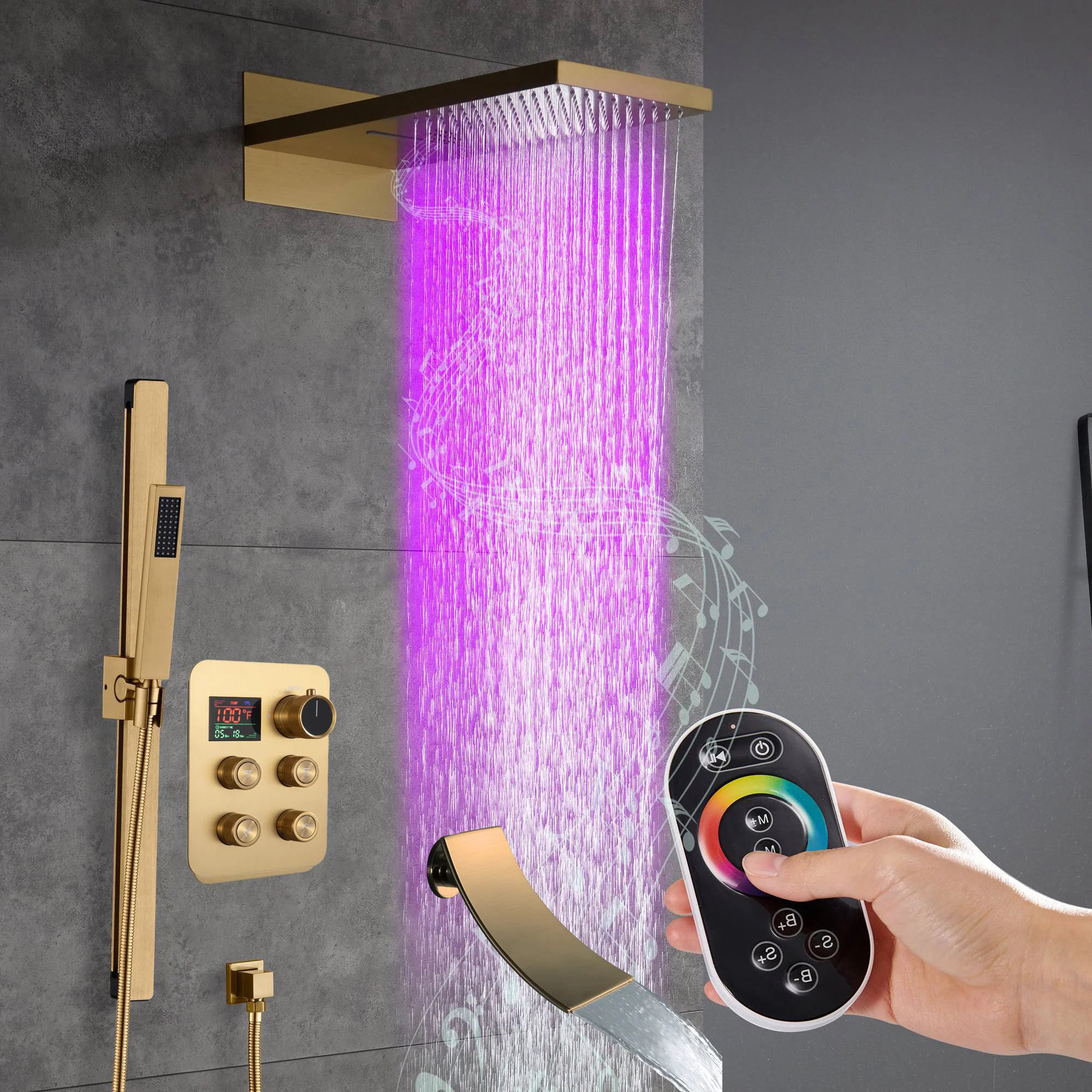 22" Bluetooth Music LED Shower System with 4-Way Thermostatic Faucet and Tub Spout, 3 Finishes - Image 9