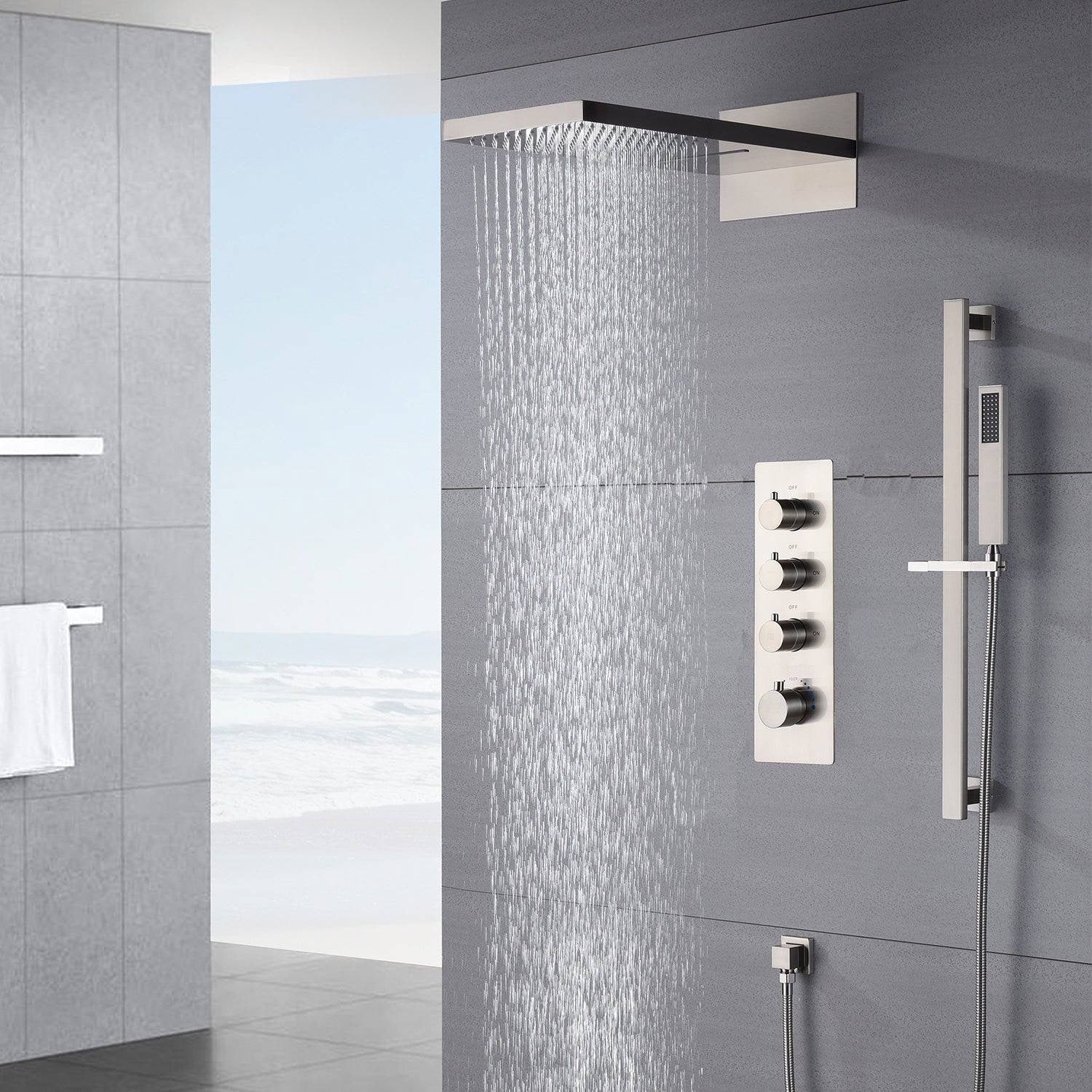 rainfall waterfall 22'' Brushed Nickel 3 Way digital display Thermostatic Shower Faucet system with sliding bar - Image 2